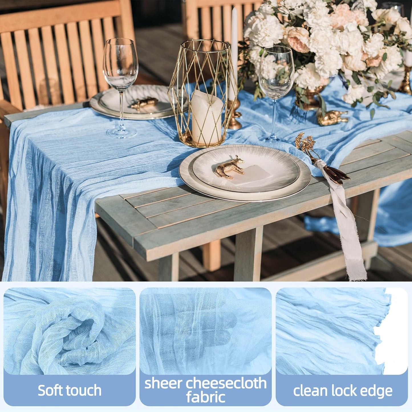 Light Blue Cheesecloth Table Runner, 120 Inch 10Ft Boho Rustic Gauze Cheese Cloth Runner for Wedding Bridal Shower Baby Shower Birthday Party Easter Table Decorations