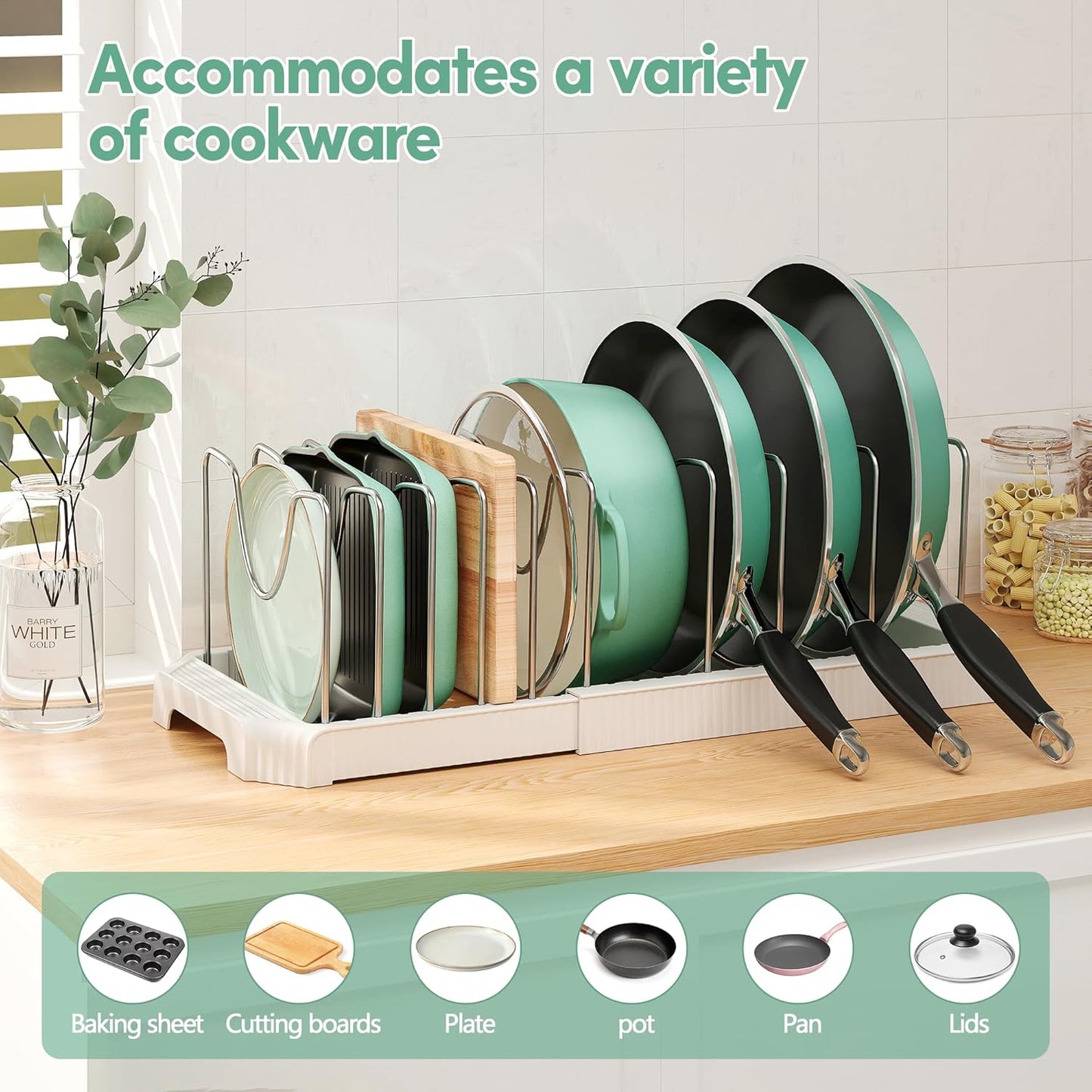 Pots and Pans Organizer for under Cabinet, Pan Pot Organizers inside Cabinet, Expandable Organizer with 10 Adjustable Dividers for Cookie Sheets, Cutting Boards, Pot Lids, Cookware - Frying Pan Rack