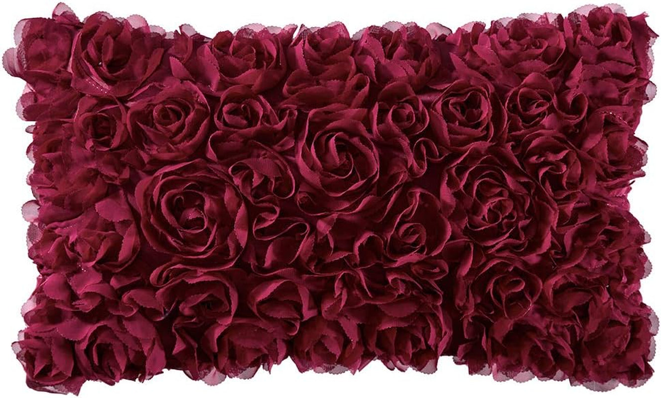 3D Decorative Christmas Romantic Valentines Stereo Chiffon Rose Flower Throw Pillow Cover Solid Festival Pillowcase for Girl Women Wedding Sofa Bedroom Car Decor 12X20 Inch Wine Red