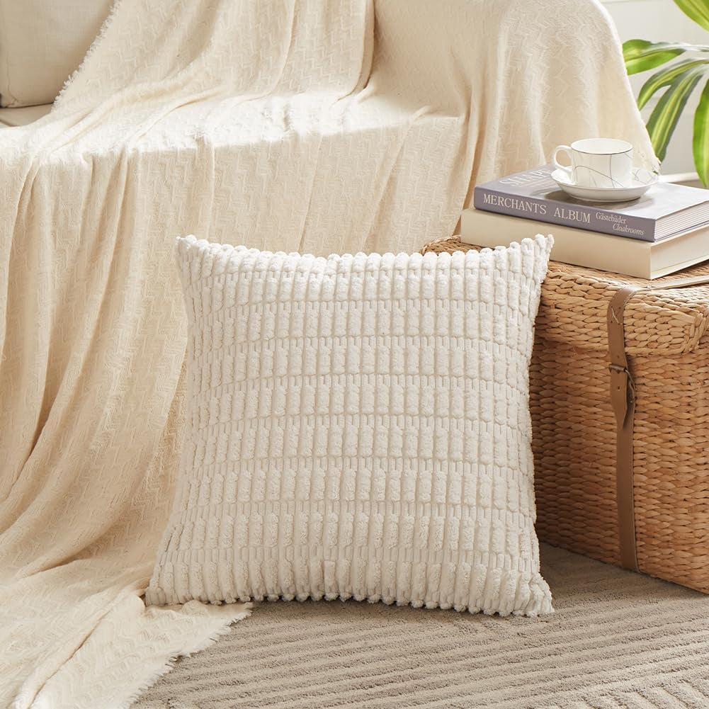 2 Packs Boho Decorative Throw Pillow Covers 18X18 Inch for Living Room Couch Bed Sofa, Rustic Modern Farmhouse Home Decor, Soft Corduroy Cream Square Cushion Case 45X45 Cm