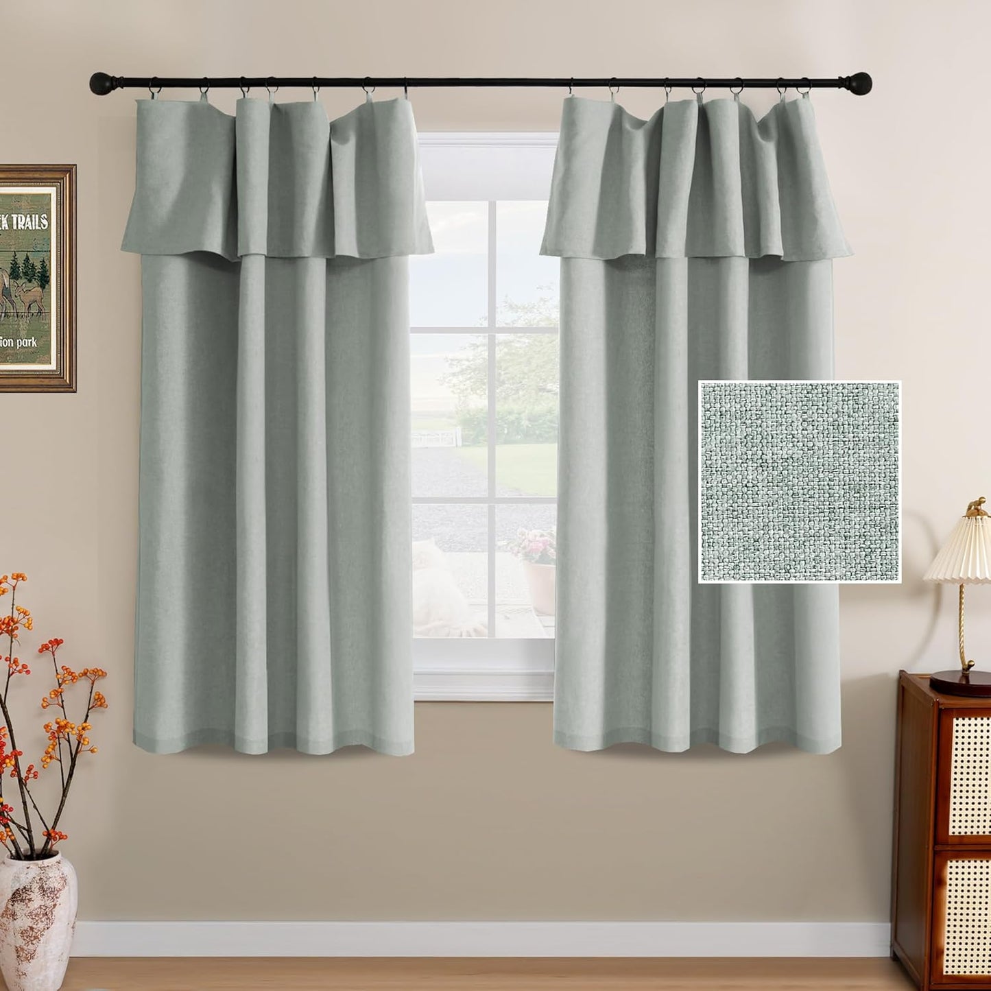 Linen Curtains with Valance 63 Inch Long 2 Panels Farmhouse Boho Privacy Window Curtains for Living Room Bedroom Ring/Rod Pocket Privacy Light Filtering Drapes, 52X 63 Inch, Heather Sage