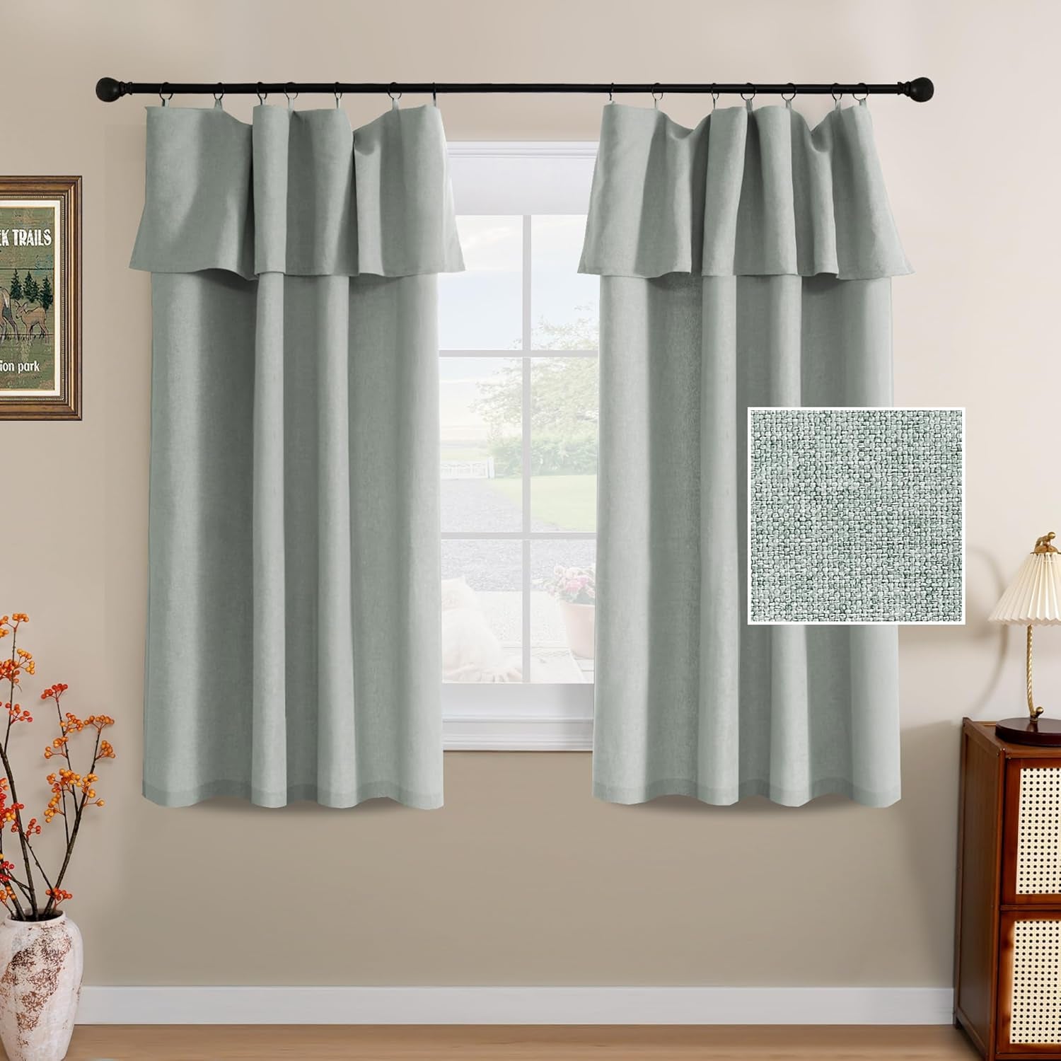 Linen Curtains with Valance 63 Inch Long 2 Panels Farmhouse Boho Privacy Window Curtains for Living Room Bedroom Ring/Rod Pocket Privacy Light Filtering Drapes, 52X 63 Inch, Heather Sage