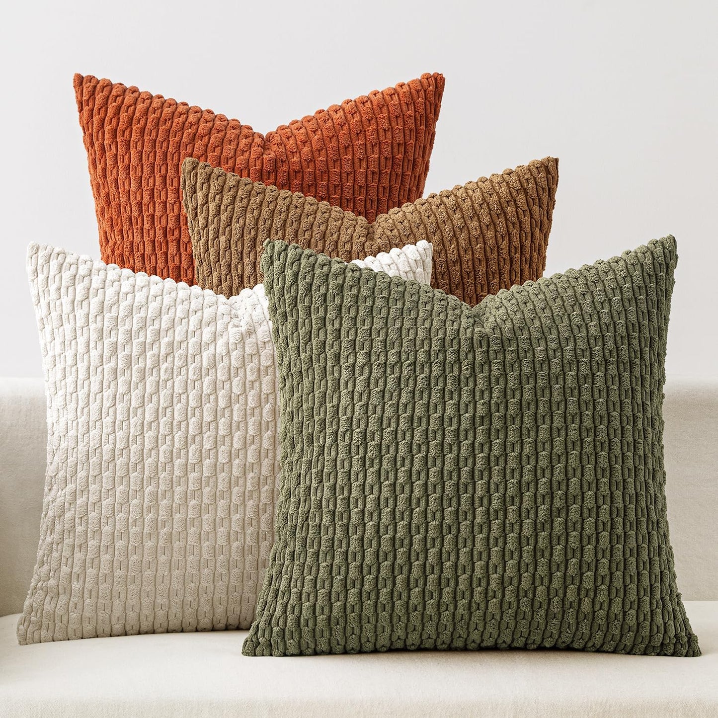Fall Throw Pillow Covers Soft Couch Decorative Set of 4 Boho Striped Cushion Covers Corduroy Pillowcases Farmhouse Home Decor for Couch Bed Sofa Living Room 18X18 Inch Camel Green