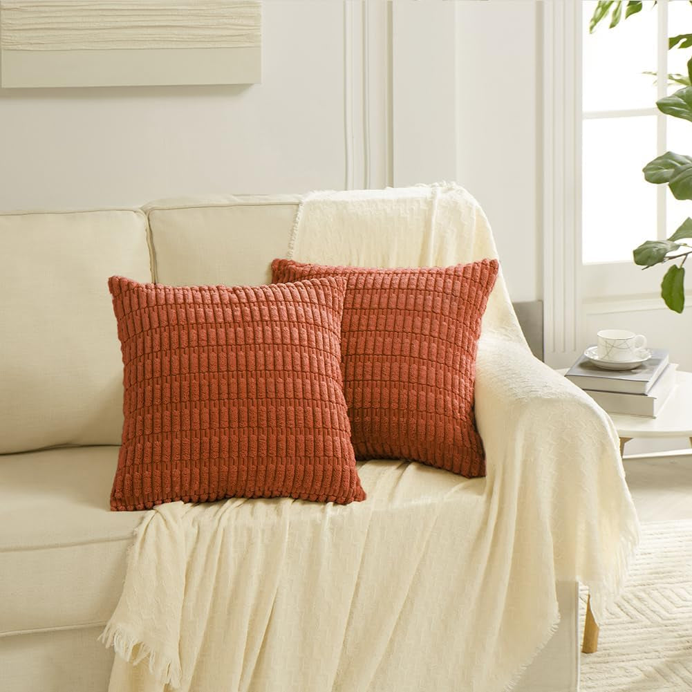 2 Packs Burnt Orange Decorative Throw Pillow Covers 18X18 Inch for Living Room Couch Bed Sofa, Farmhouse Boho Fall Home Decor, Soft Striped Corduroy Square Cushion Case 45X45 Cm
