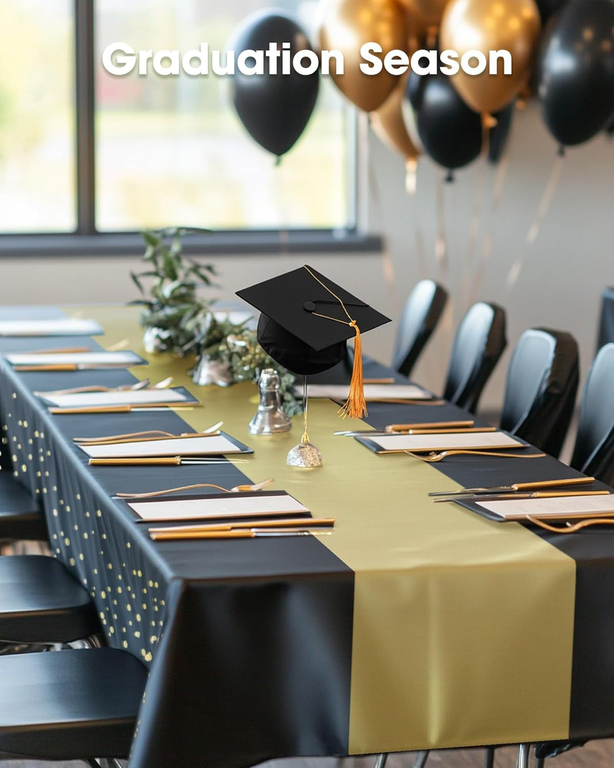 Plastic Table Cloth Disposable 8 Pack, 54 X 108 Inch, Table Runner Style, Graduation Decorations 2025, Party Tablecloths, Rectangle, Plastic Cover, Leakproof & Sturdy, Black Gold