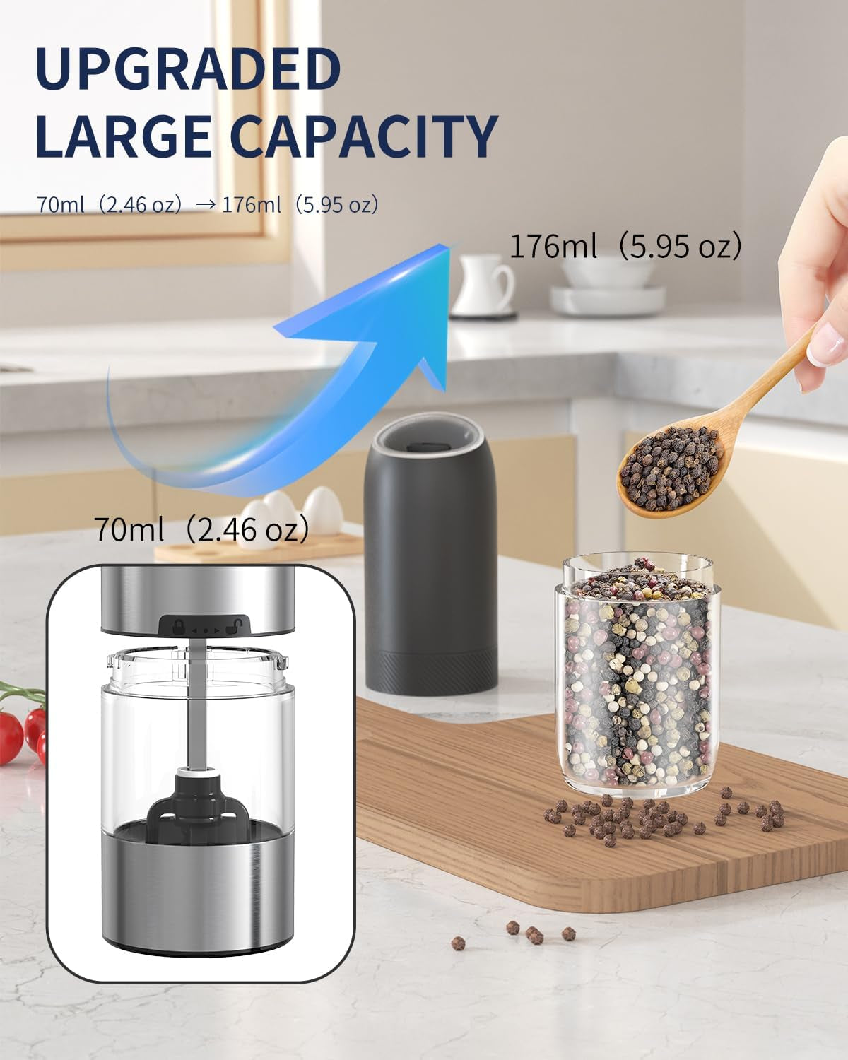 Gravity Electric Salt and Pepper Grinder Set Battery Powered Automatic Pepper Mill Grinders with 176Ml Container, Adjustable Coarseness, Bright LED Light and One Hand Operation, Black
