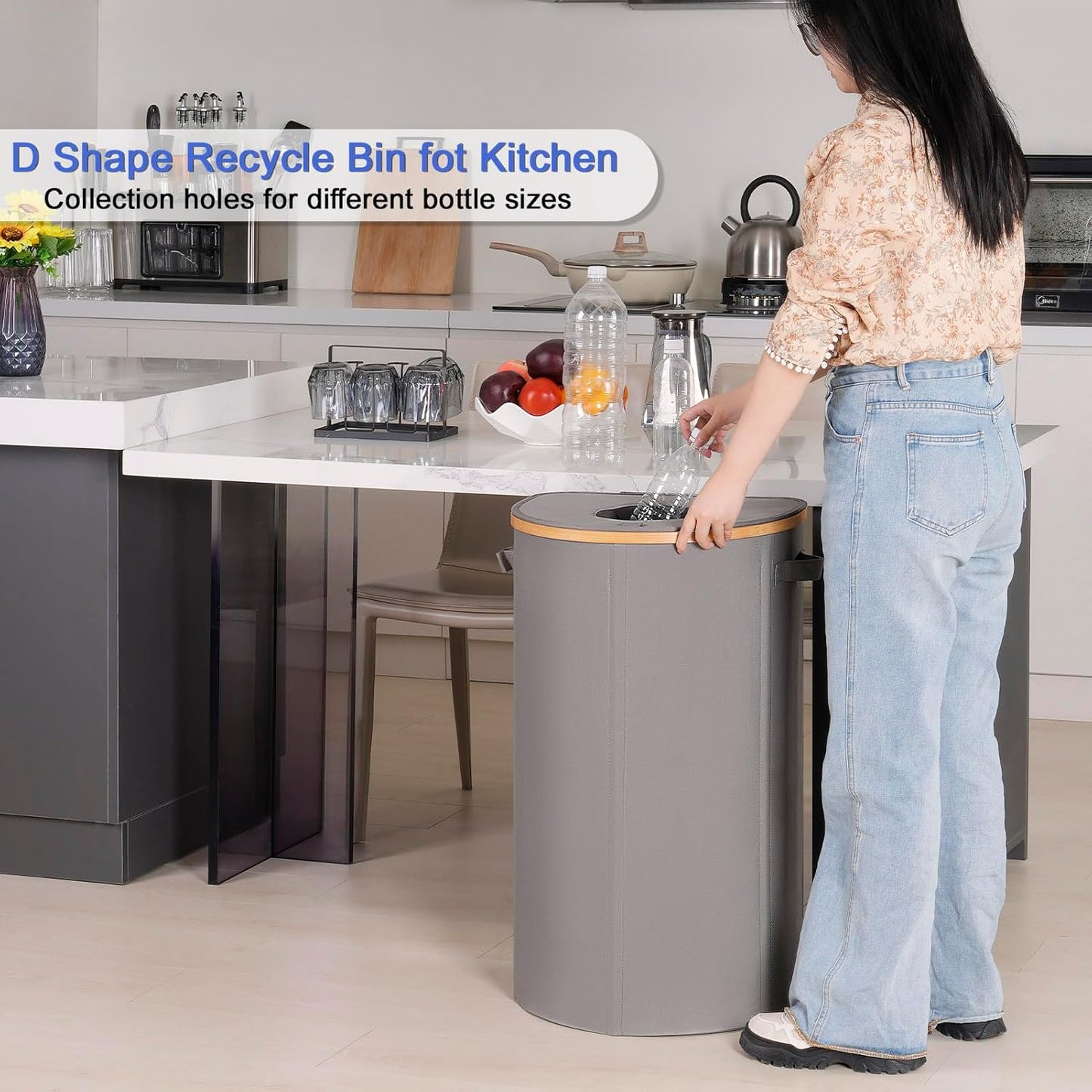 Recycling Bin for Kitchen 100L, 26 Gallon Recycle Bins for Indoor Outdoor Home Use with 2 Removeable and Reusable Inner Bags, Tall Recycle Bin for Bottle Can Plastice Stickers (Grey)