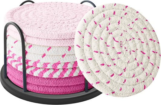Coasters Set of 8 for Drinks, Beer, Coffee, Cotton Woven 4 Colors Absorbent Coaster with Holder, Boho Coasters for Home Decor Tabletop Protection Suitable for Kinds of Cups