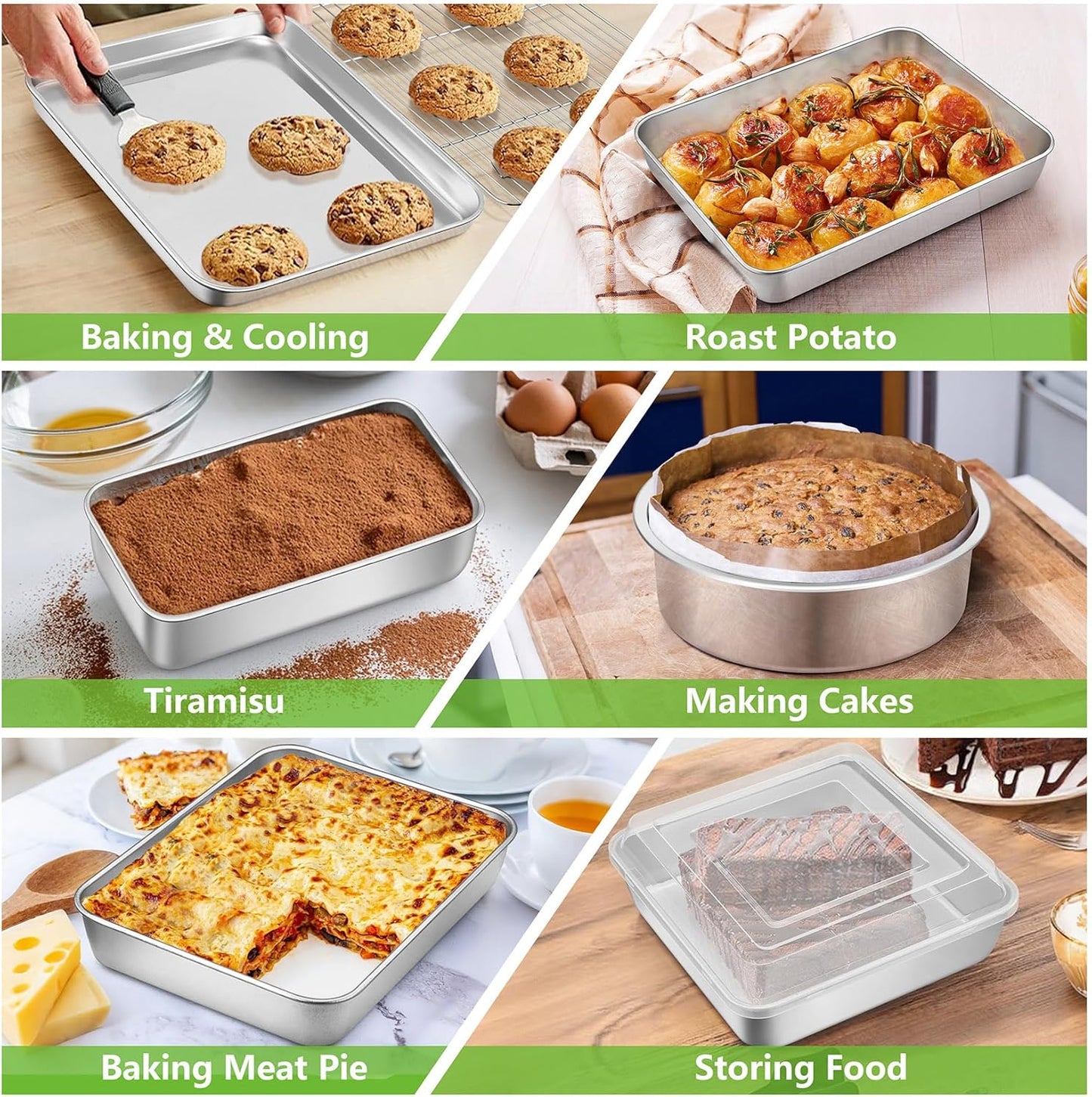 Bakeware Sets of 11, Stainless Steel Baking Pans Set, Includes Baking Sheets and Rack, Lasagna Pan with Lid, Round/Square Cake Pan, Muffin Pans, Loaf Pan, Reusable & Durable