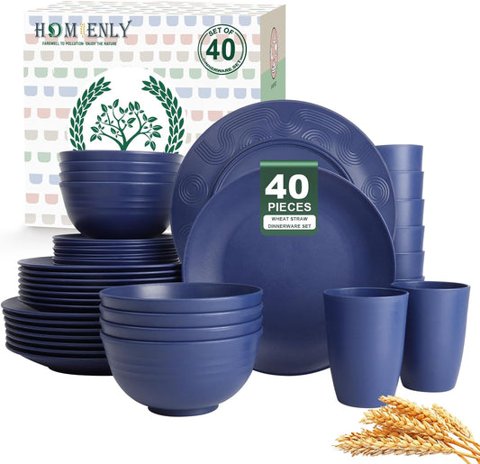 40-Piece Lightweight and Unbreakable Reusable Wheat Straw Dinnerware Set for 8, Microwave and Dishwasher Safe - Dark Blue