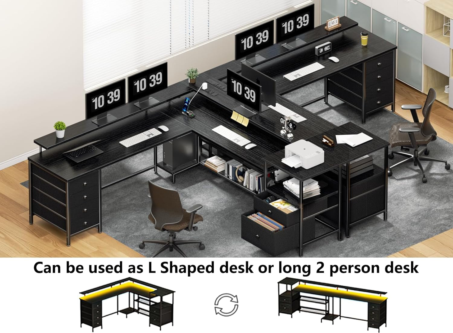 66" L Shaped Gaming Desk with 6 Drawers & Printer Storage Shelves, Reversible Computer Corner Desk with Power Outlets & LED Lights, Home Office Table with Monitor Stand, Black