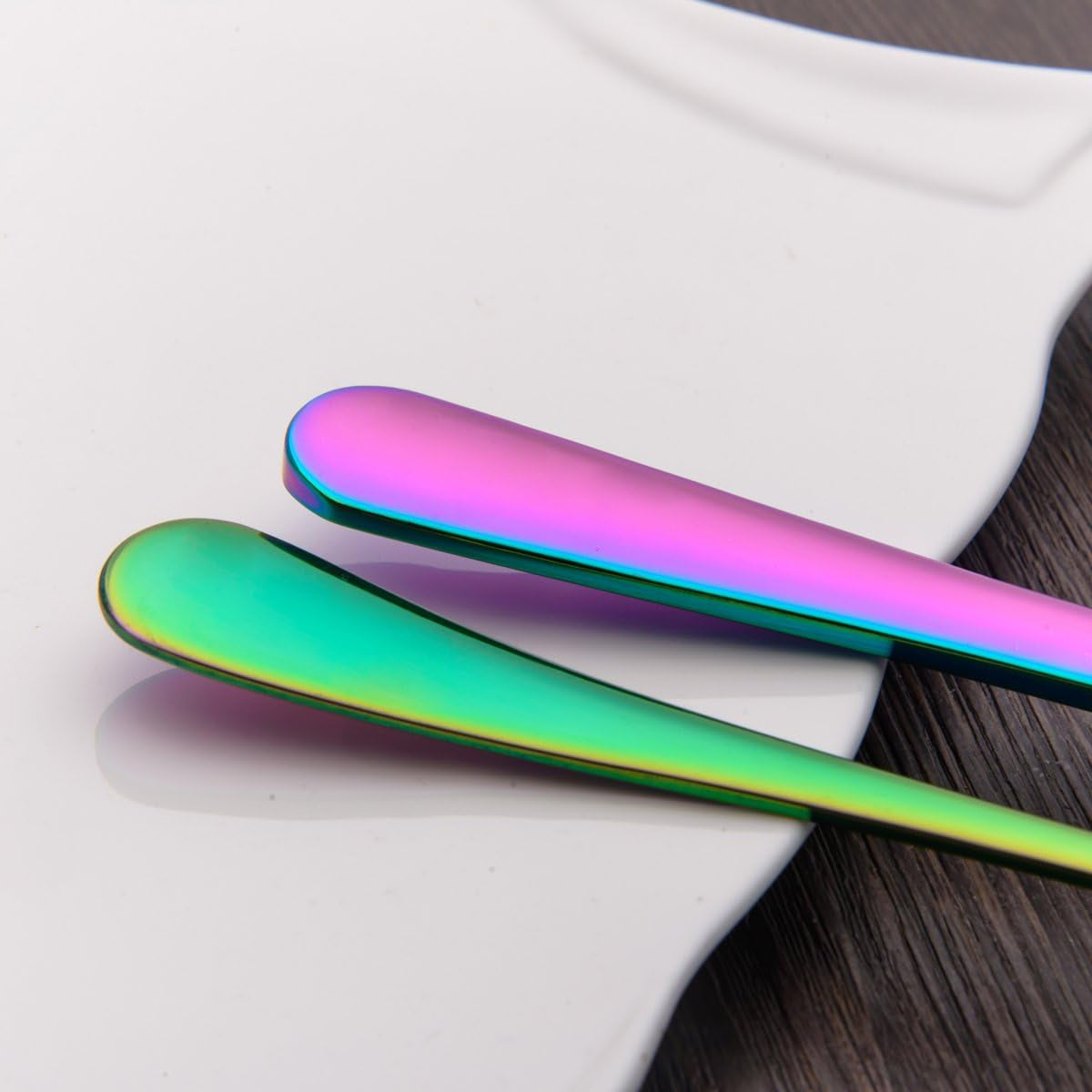Set of 4 Rainbow Soup Spoons, 7.5" Stainless Steel with Titanium Plating, Multicolor Round Design, Easy to Clean and Dishwasher Safe