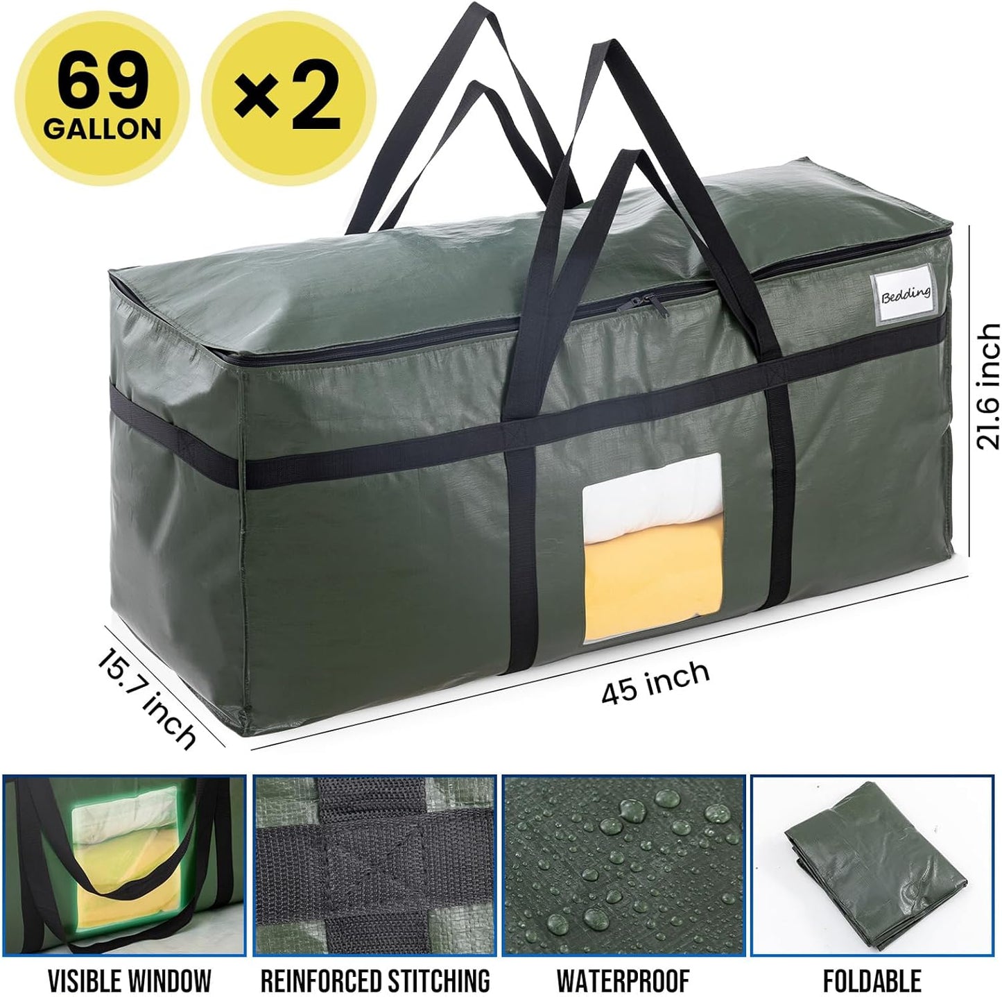 69 Gallon Extra Large Storage Bags, XXL Green Heavy Duty Moving Bags for Storage with Visible Window, Wrap around Handles, Totes for Space Saving, Alternative to Moving Boxes (2 Pack)
