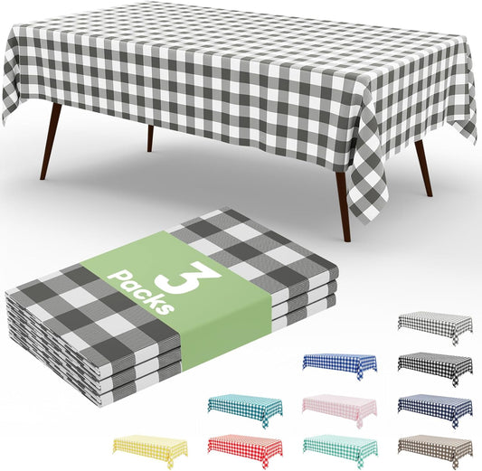 Gingham Disposable Tablecloths - 3 Pack, 54 x 108 Inch Waterproof Plastic Rectangle Covers in Grey and White Checkered Design for Picnics, Birthdays, and Parties