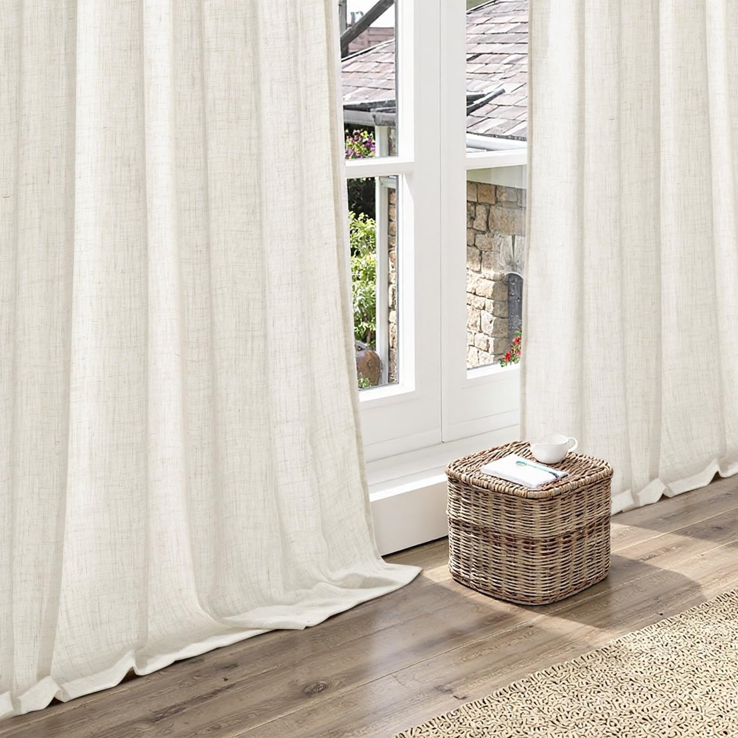 Ivory Cream Linen Back Tab Curtains 63 Inch Length 2 Panels Set, Semi Sheer Light Filtering Privacy Drapes for Modern Farmhouse Living Room Bedroom, Neutral Textured Pinch Pleated Look Window Curtains