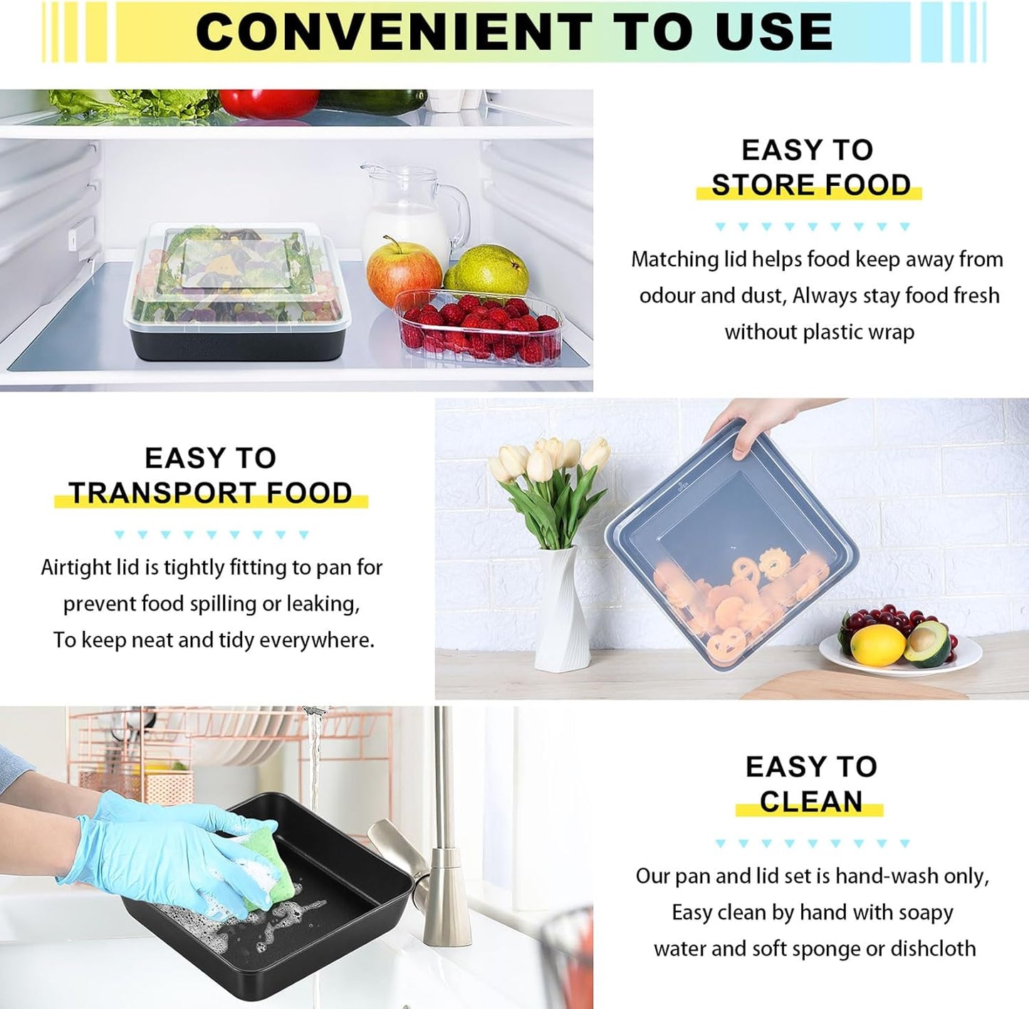 Square Baking Pan with Lid, Nonstick Stainless Steel Square Cake Pan and Plastic Lid, Black Bakeware Tin for Lasagna Brownies, Sturdy & Easy Clean, (8 Inch, 2Pcs)