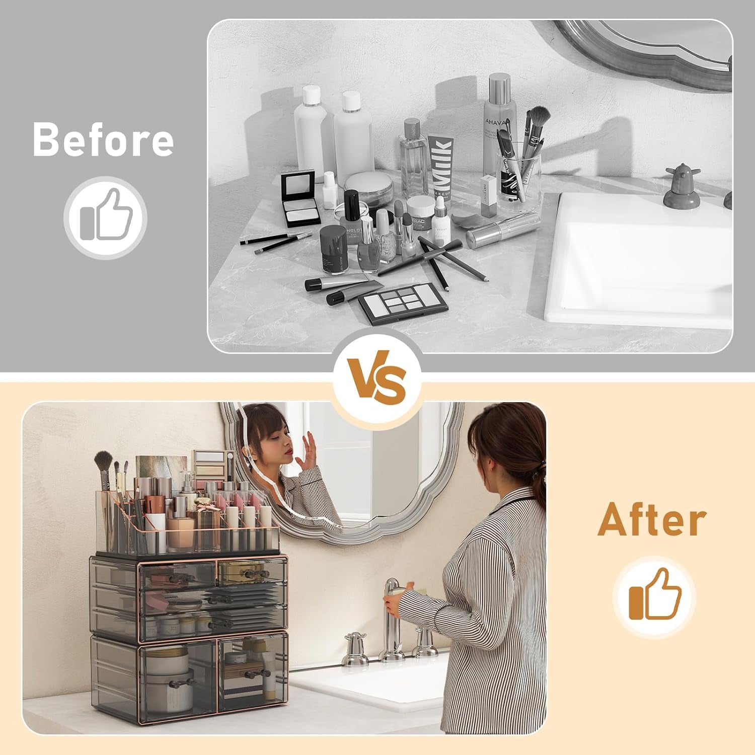 3-Tier 6-Drawer Makeup Organizer Countertop Cosmetic Organizer for Dresser and Vanity | Bathroom Organizers and Storage for Lipstick Brush Skincare Perfume, Nail Polish (Black + Gilded Borders)