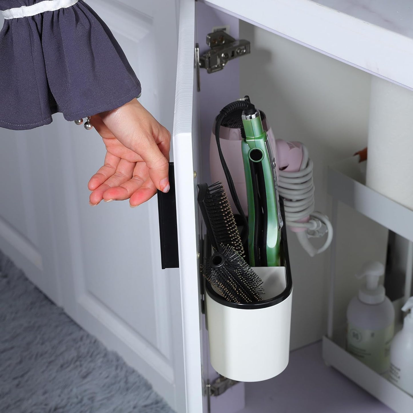 Self-Adhesive Hair Dryer Holder and 3-In-1 Hair Tool Organizer - Wall Mounted, Over Cabinet Door, and Free-Standing Options in White and Black