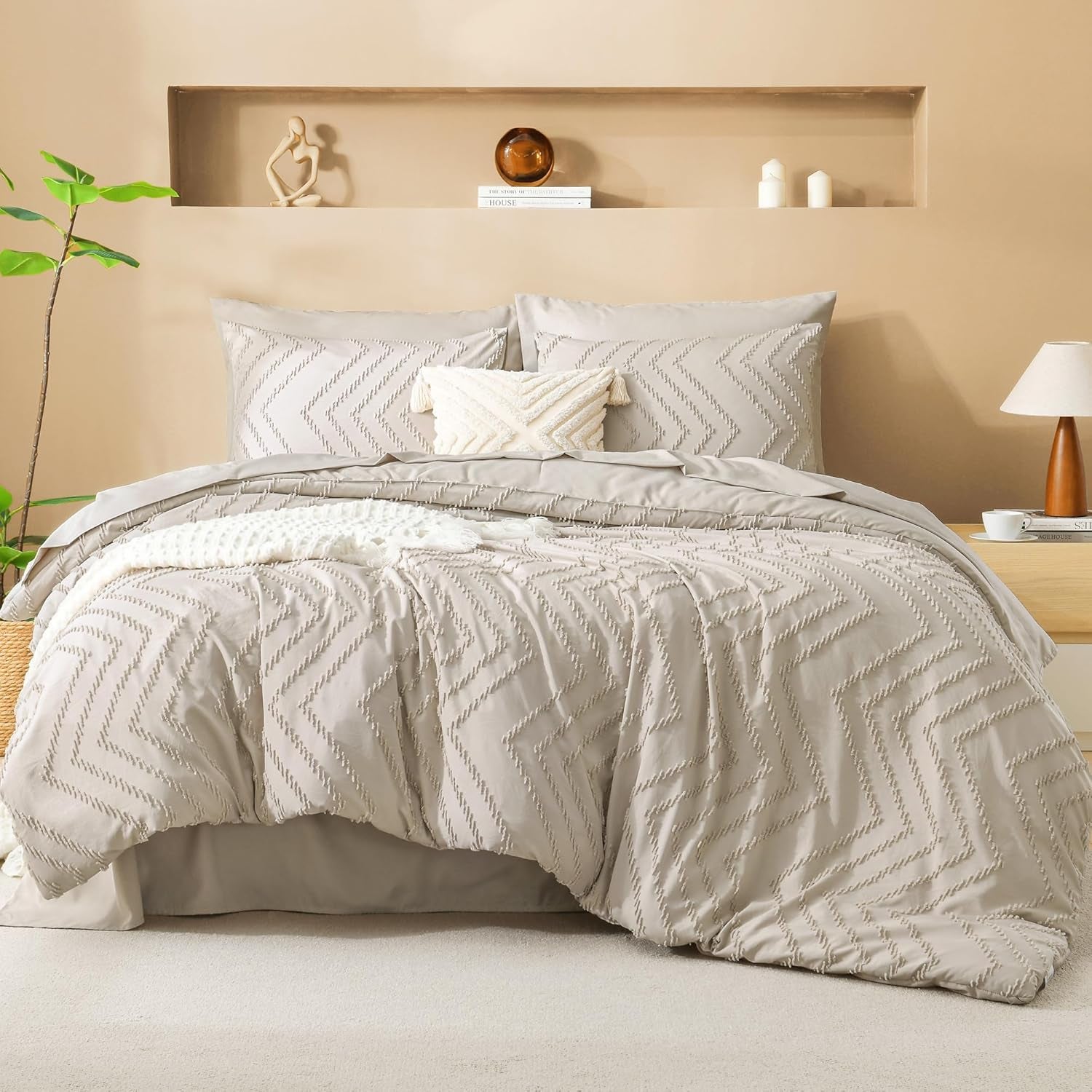 King Size Comforter Set with Sheets Beige - 7 Pieces Bed in a Bag King Chevron Tufted Boho Luxury Bedding Sets with Comforter, Sheets, Pillowcases & Shams