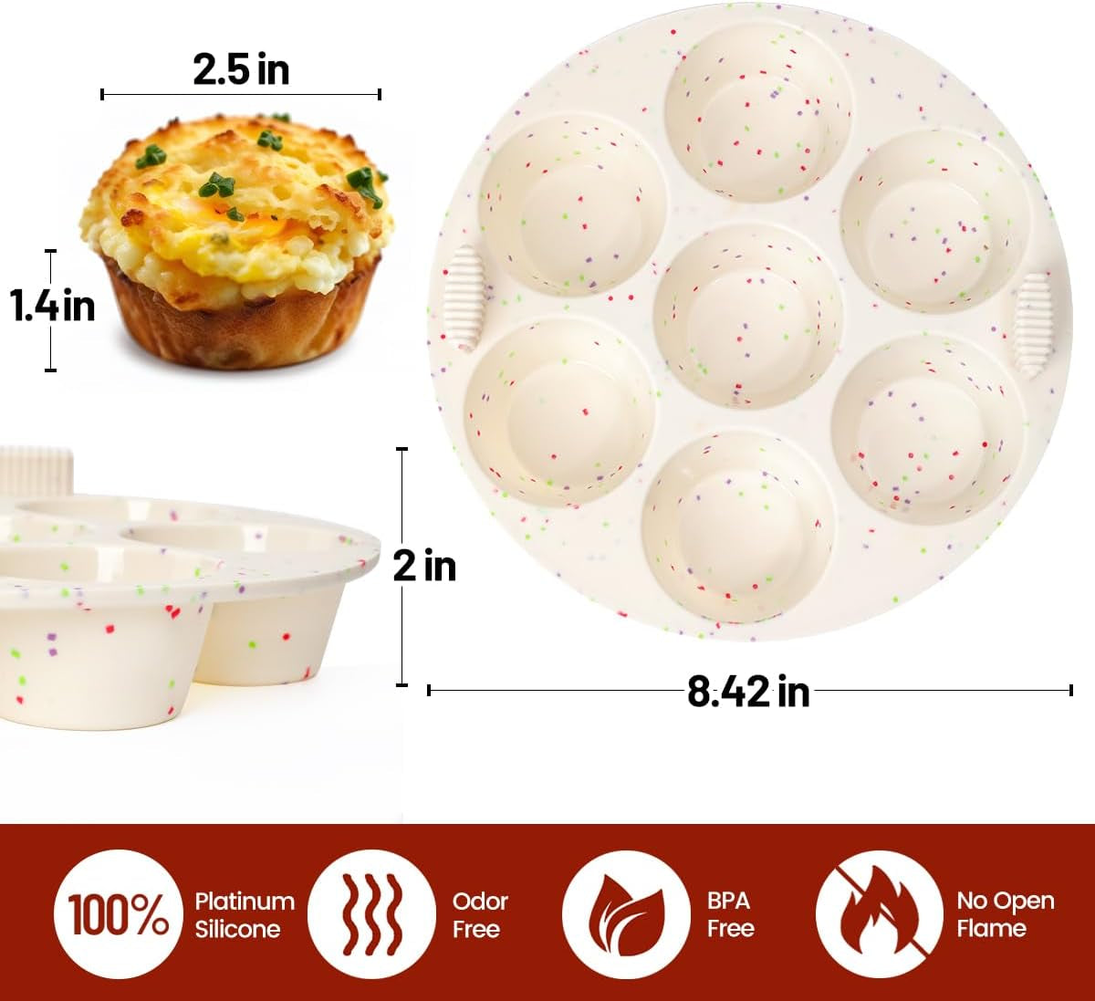 Silicone Muffin Pan for Air Fryer Oven Instant Pot, Nonstick 7 Cups Easy to Handle for Baking Egg Bites Muffin Tart Cupcake Mini Quiche 1 Pack Confetti