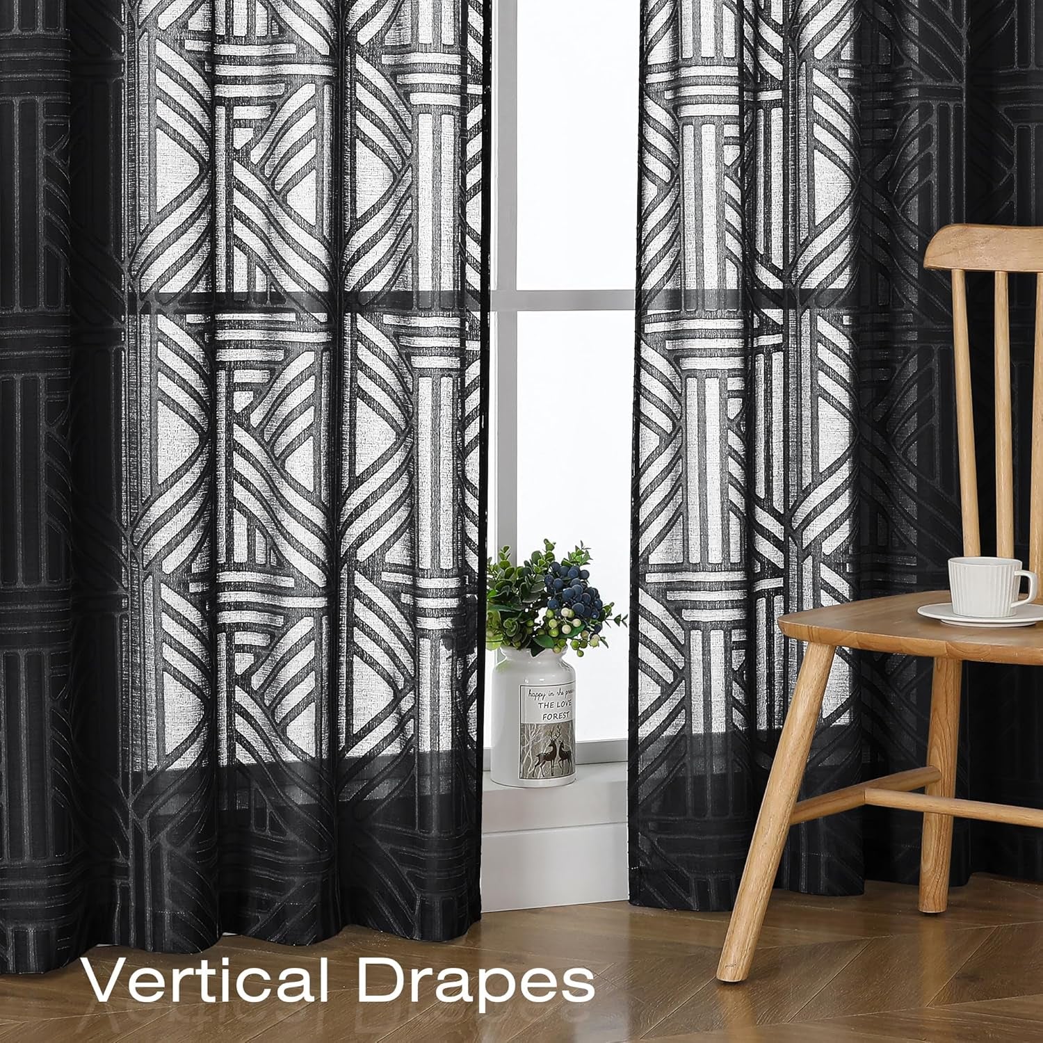 Black Sheer Kitchen Curtains 36 Inch Length Tier Curtains 2 Panels, Light Filtering Geometric Jacquard Clip Textured Semi Sheer Short Window Curtains for Bathroom, 42X36 Inch