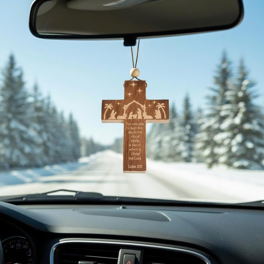Christian Christmas Ornaments 2025, Engraved Natural Solid Wood Cross Ornament with Holy Scripture Luke 2:11, Nativity Ornaments, a Tradition Story Religious Gifts for Family, Friends, Coworker