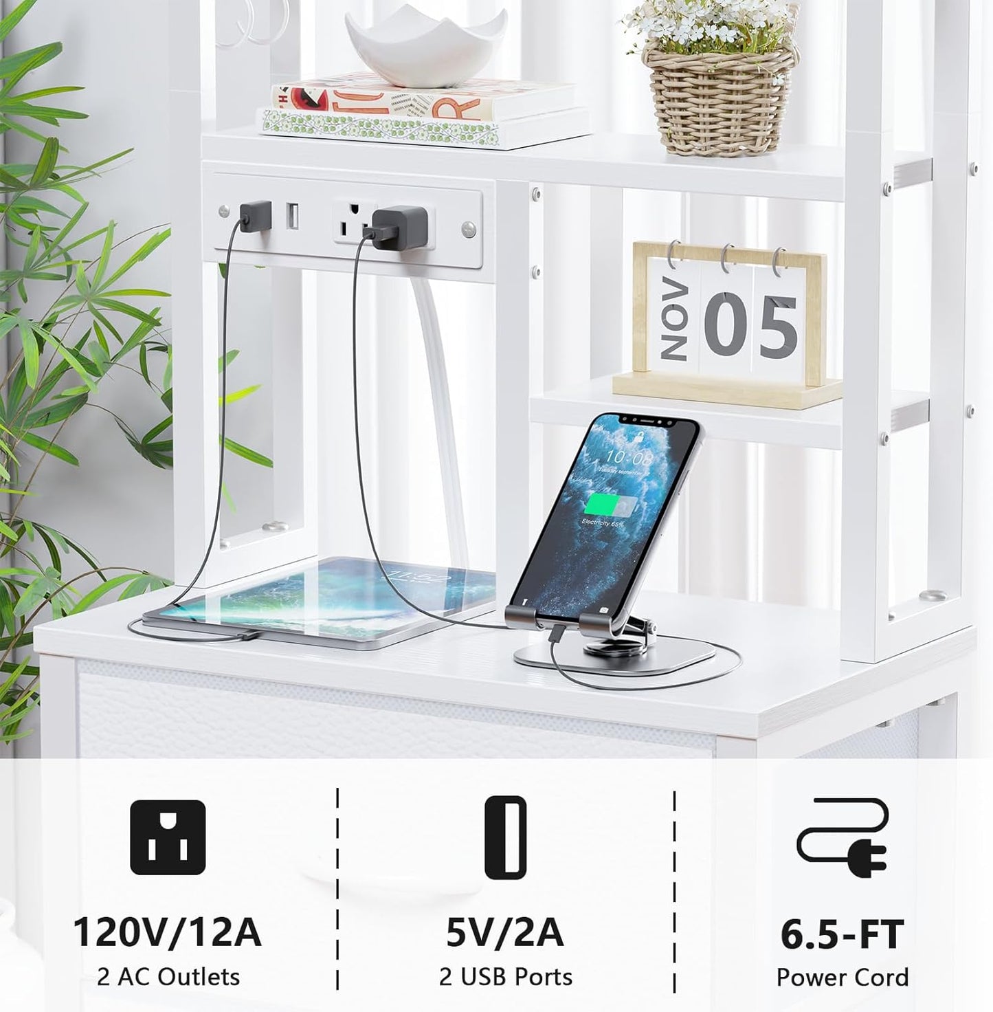 Tall LED Nightstand with Charging Station, USB Ports, 4 PVC Fabric Drawers, and 4-Tier Storage Shelf - Versatile Bedside Table for Bedroom, Dorm, or Office (White)