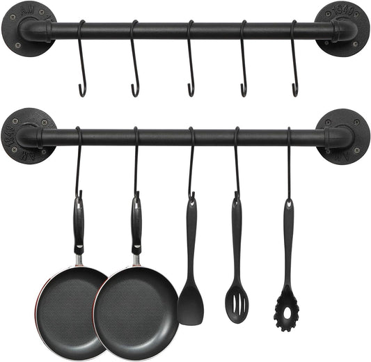 Wall Mounted Pot Pan Rack 21'' Set of 2, Industrial Utensils Wall Hanger Iron Pipe Kitchen Hanging Rail with 10 S Hooks