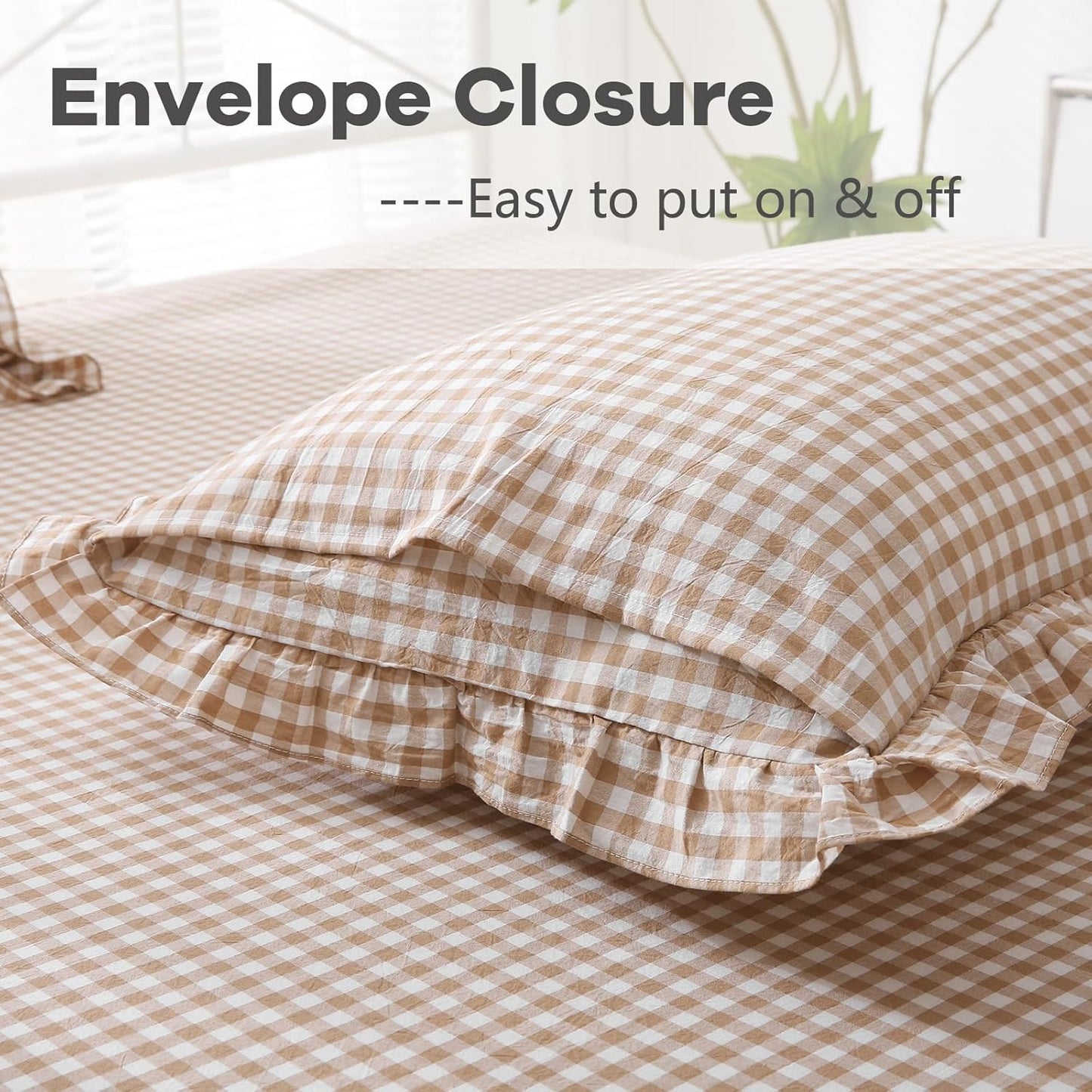 Set of 2 Taupe and White Plaid Ruffle Square Euro Pillow Shams - 100% Washed Cotton Gingham in Camel Brown for Fall Decor - 26'' x 26
