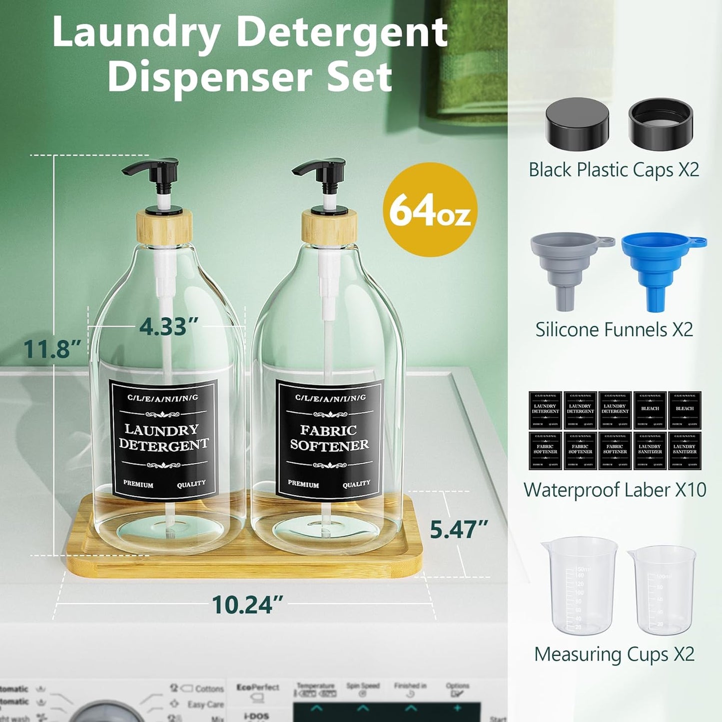 Liquid Laundry Detergent Dispenser with Bamboo Tray, 2 Pack 64 Oz Plastic Laundry Soap Dispenser, Fabric Softener Dispenser with Pump and Labels for Laundry Room Decor and Organization