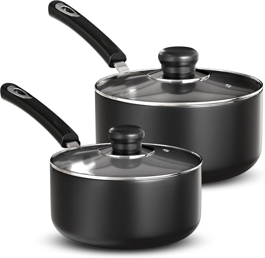 Nonstick Saucepan Set, Cooking Pots with Lids, 1 Quart and 2 Quarts Multipurpose Kitchen Small Pots for Cooking Nonstick with Lids, 1 Qt & 2 Qt Set, Grey & Black