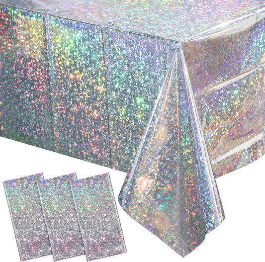 3 Pack New Iridescent Silver Tablecloth Party Decorations, Holographic Silver Glitter Plastic Tablecloth, Disposable Laser Rectangle Table Cover for Disco Birthday 70S Theme Party Decorations, 54X108"