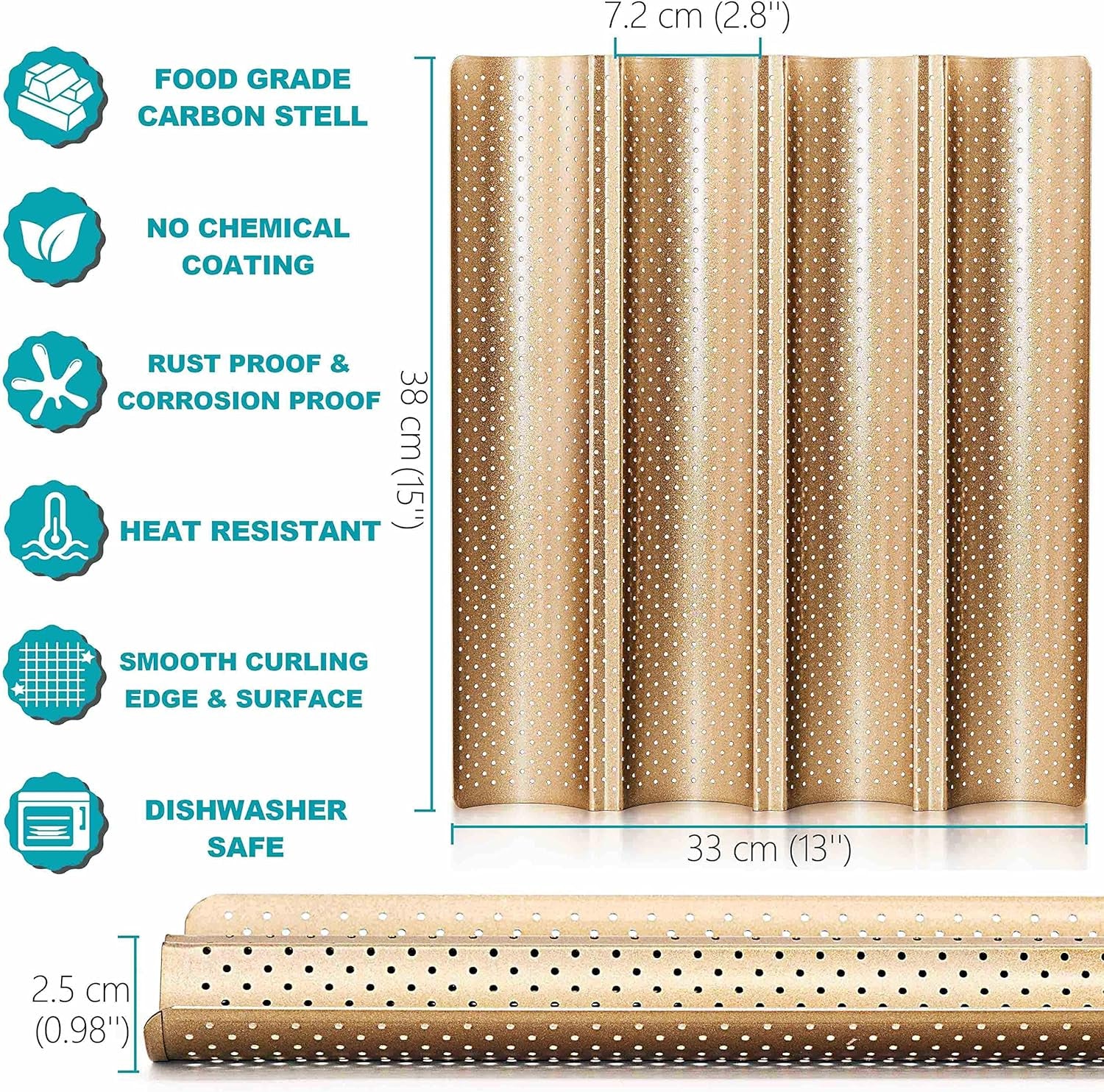 2 Pack Nonstick Perforated French Bread Baking Pan, 15"X 13" Premium Toast Mold for 4 Loaves Baguettes, French & Italian Bread Trays for Baking Loaf Bread, Ventilation & Heat Resistant (Gloden)