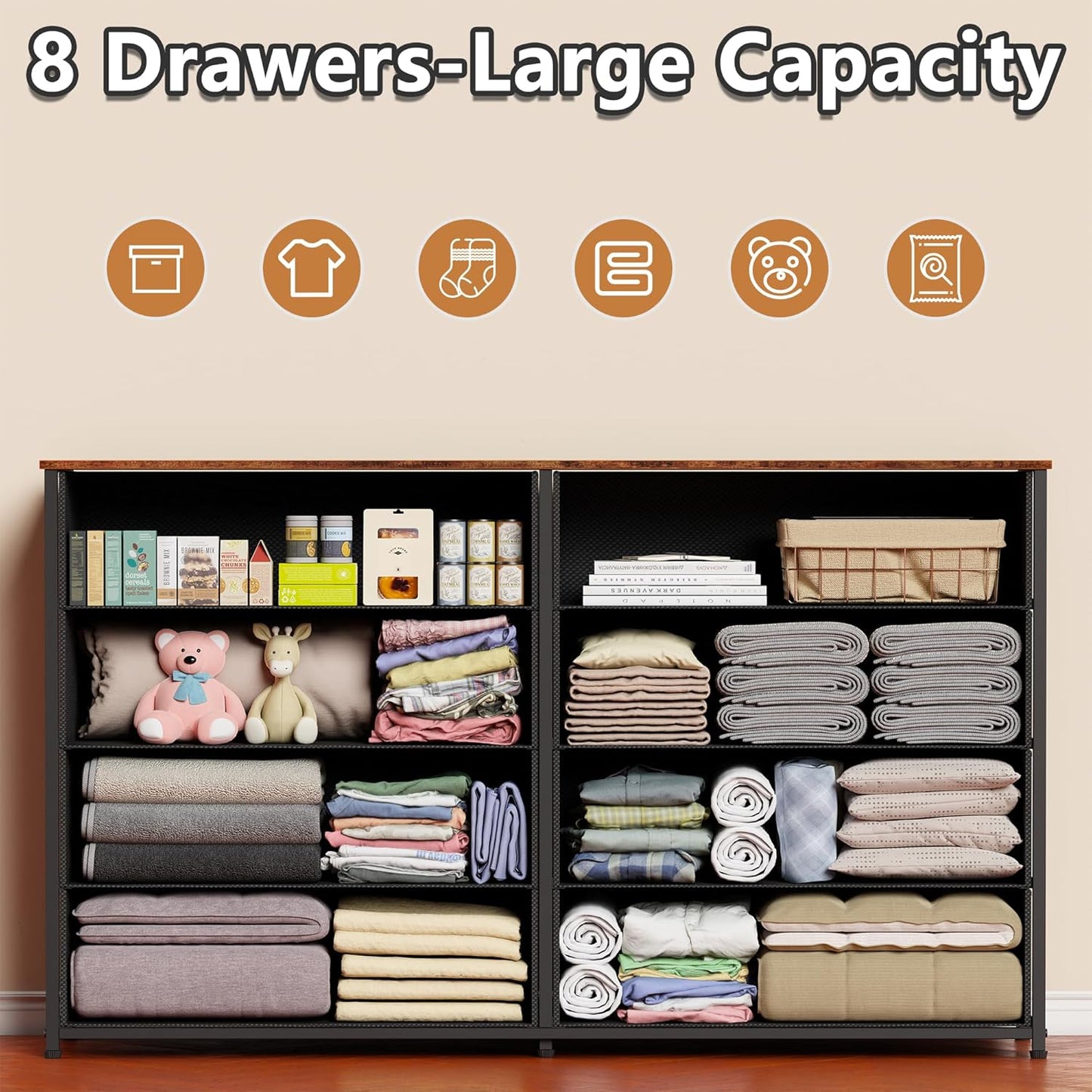 Rustic Brown Long Dresser and TV Stand for 55'' TV with 8 Fabric Bins - Versatile Storage Unit for Bedroom, Office, Dorm, Closet, and Entryway