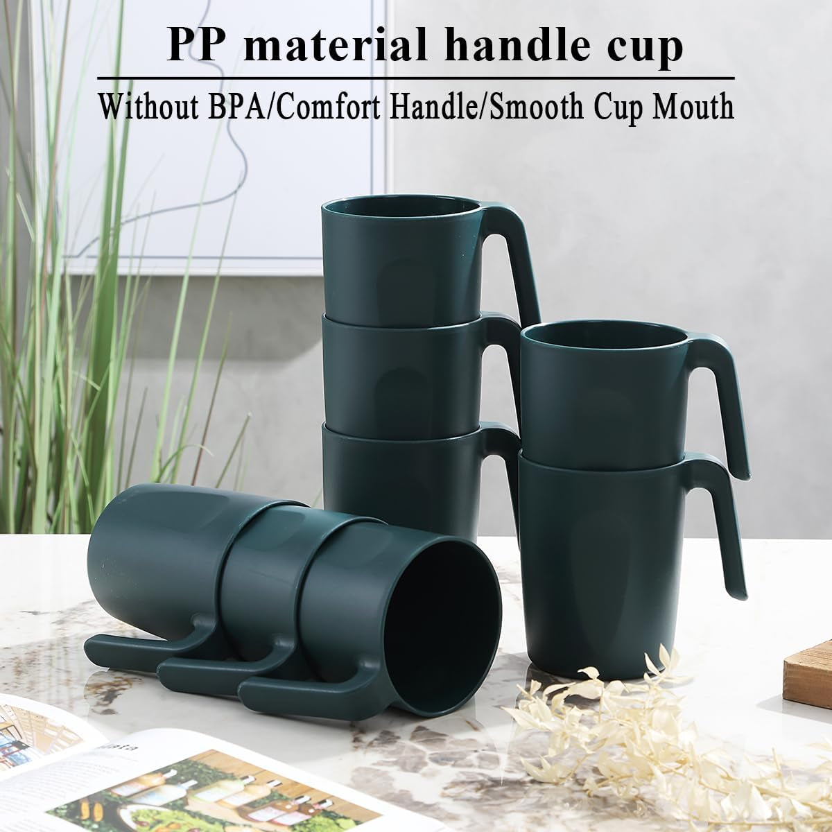 Set of 8 Green Plastic Coffee Mugs with Handles, 15oz Reusable Cups for Home, Garden, Picnic, Camping, and Outdoor Use