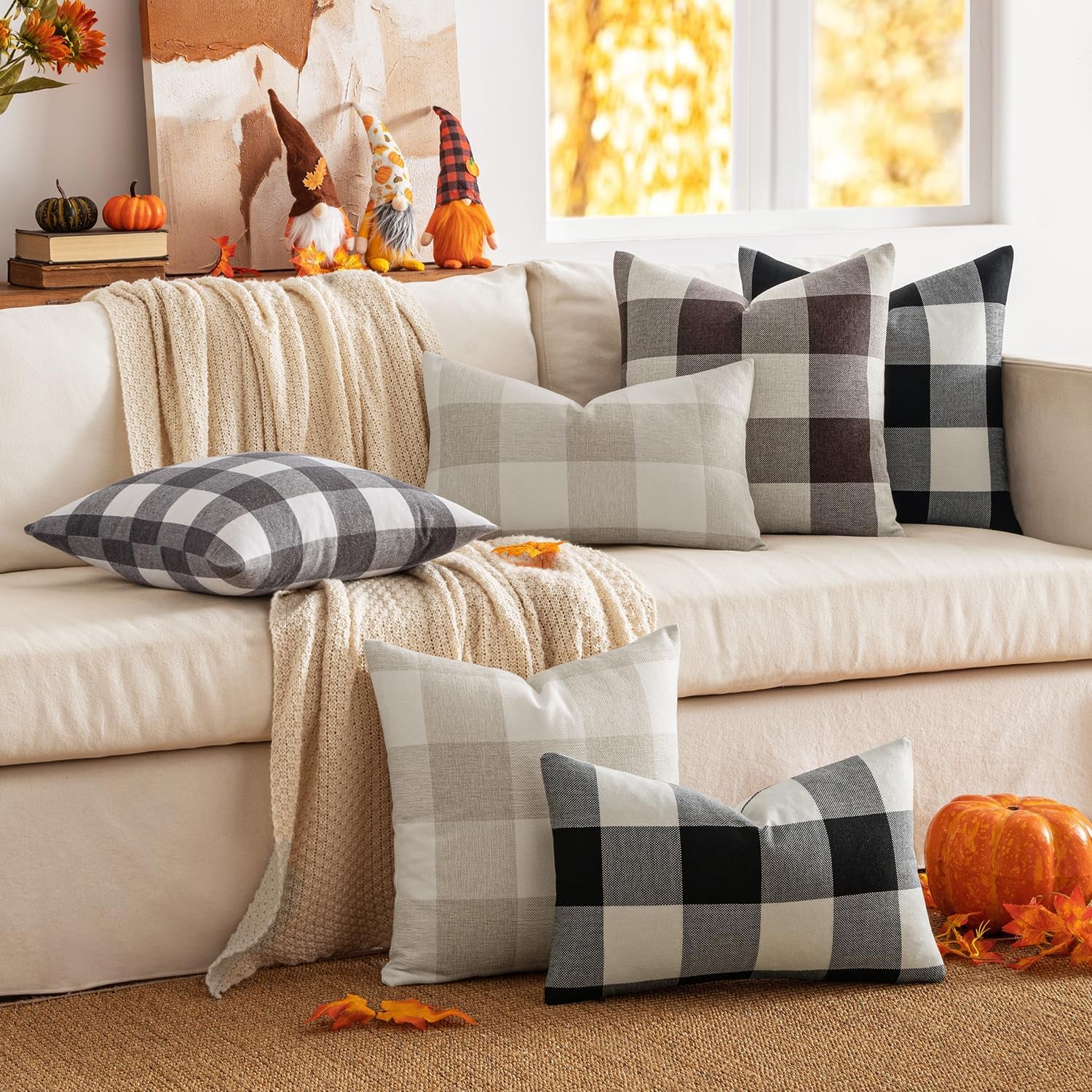 Halloween Pack of 2 Farmhouse Buffalo Check Plaids Linen Throw Pillow Covers Soft Soild Decorative Home Decor Outdoor Cushion Case for Sofa Bedroom 18 X 18 Inch, Black and White