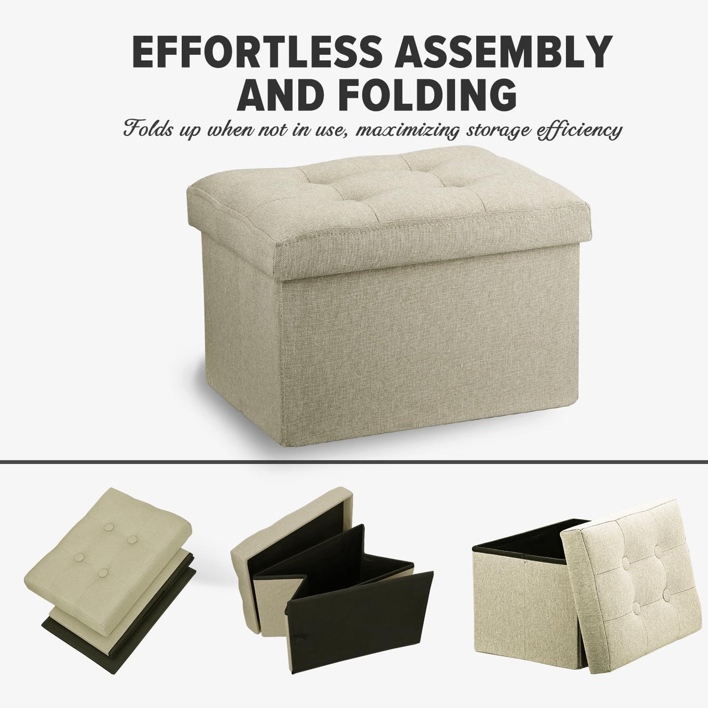 Small Folding Ottoman with Storage - Beige Linen Footrest Stool for Under Desk, 16"x12"x12
