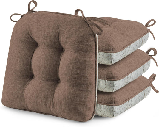 ® Chair Cushions for Dining Chairs, Tufted Memory Foam Chair Pads with Non-Slip Backing, Kitchen Seat Cushions with Ties, Washable Seat Pad Set of 4, 15.5" X 15.5" X 4", Coffee