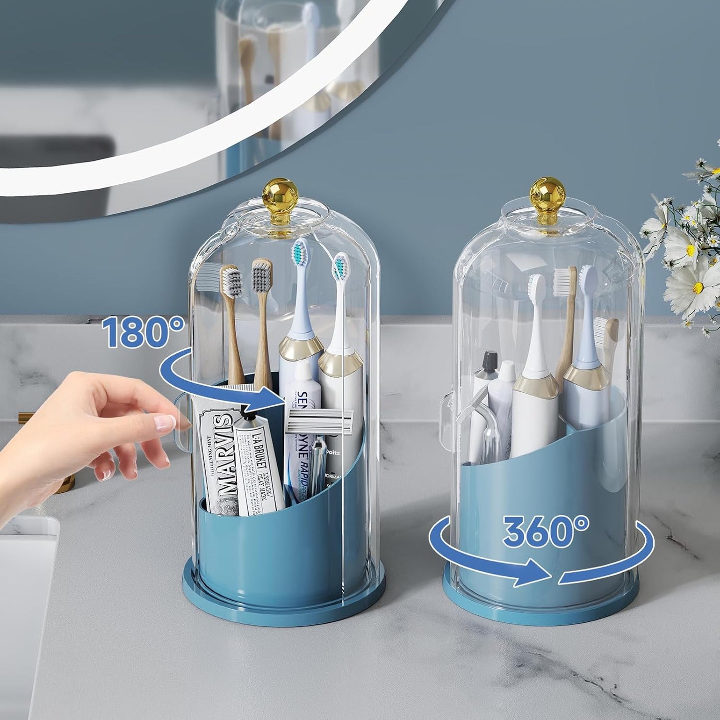 Toothbrush Holders with 360° Smooth Rotating Base, 3 Slots Bathroom Organizer Countertop with Sliding Lid, Brush Toothpaste Holder Makeup Brush Organizer for Vanity, Blue