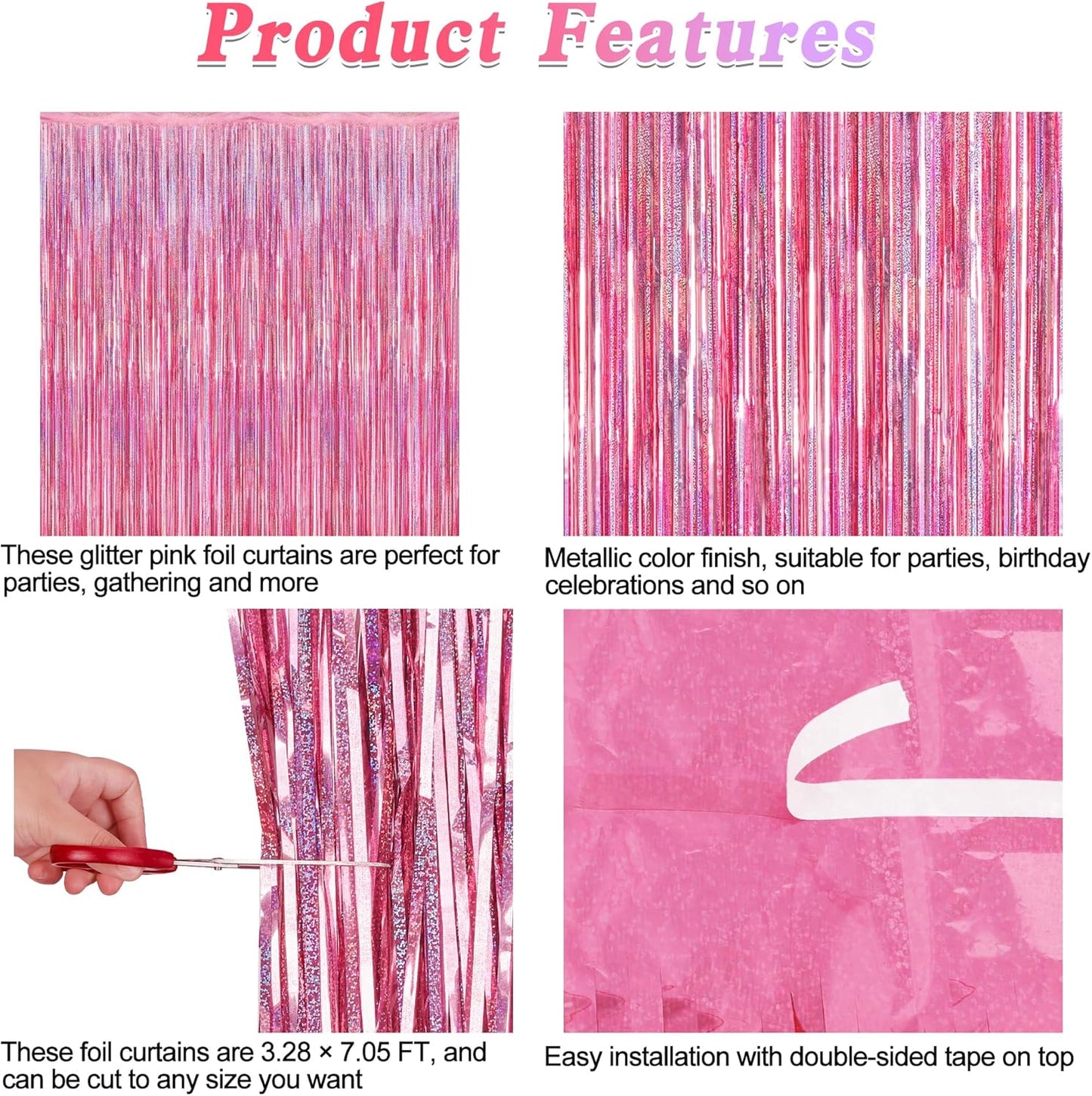 2 Pack Glitter Pink Backdrop, 3.28 FT X 7.05 FT Birthday Party Decorations, Laser Pink Fringe Curtains Foil Streamer Tinsel, Pink Curtains Photo Backdrop Happy Birthday Backdrop