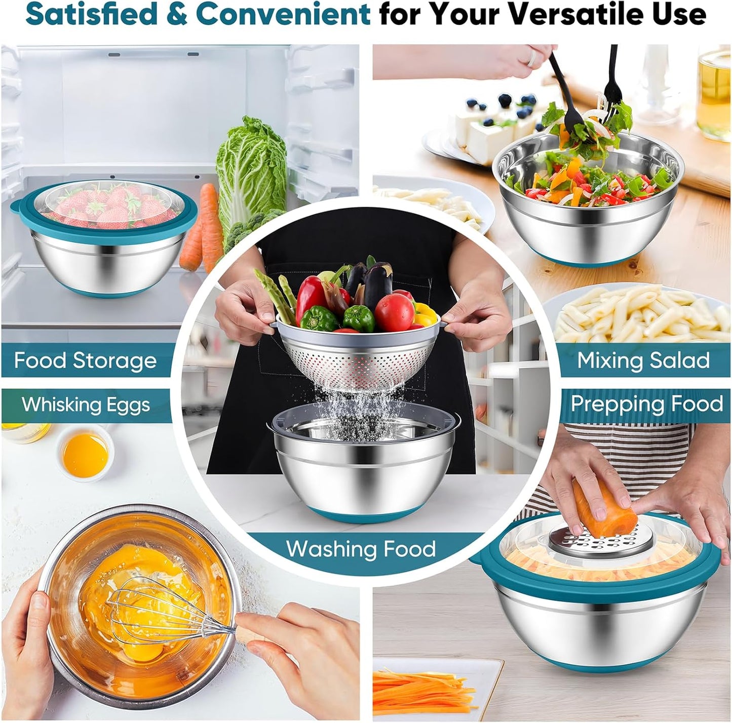 Mixing Bowls with Lids Set of 3, Stainless Steel Mixing Bowl and Colander for Kitchen, 3 Grater Attachments & Non-Slip Bottoms, Visible & Airtight Lid, Blue