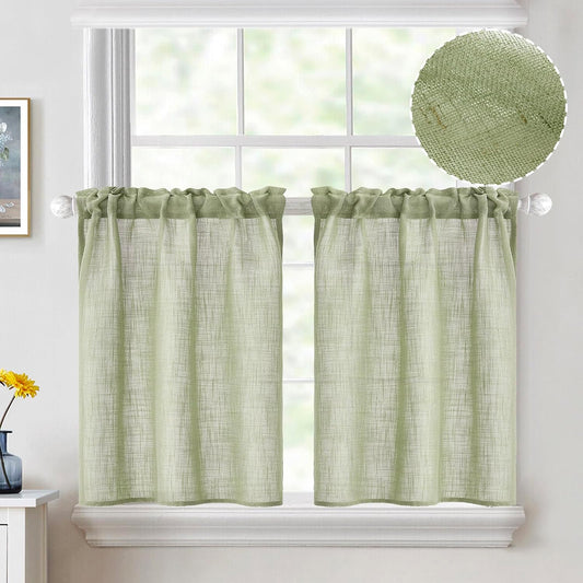 Linen Textured Kitchen Window Curtains over Sink 24 Inch Length Semi Sheer Farmhouse Small Small Curtains for Cafe Bathroom Basement, Short Rod Pocket Tier Curtains 2 Panels W26XL24, Sage Green