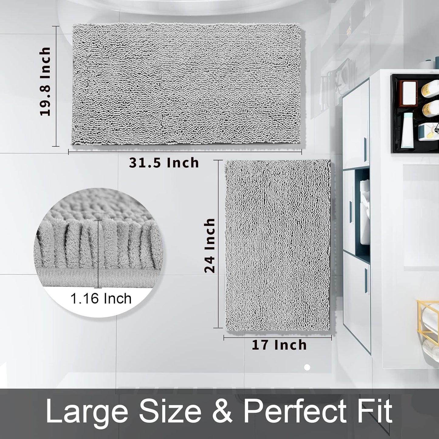 Bathroom Rug Set 2-Piece, Soft Absorbent Quick-Dry Chenille Bath Mats, Machine-Washable, Bathroom Mats for Floor, Tub & Shower, Bath Rugs for Bathroom – 32X20 + 24X17, Grey