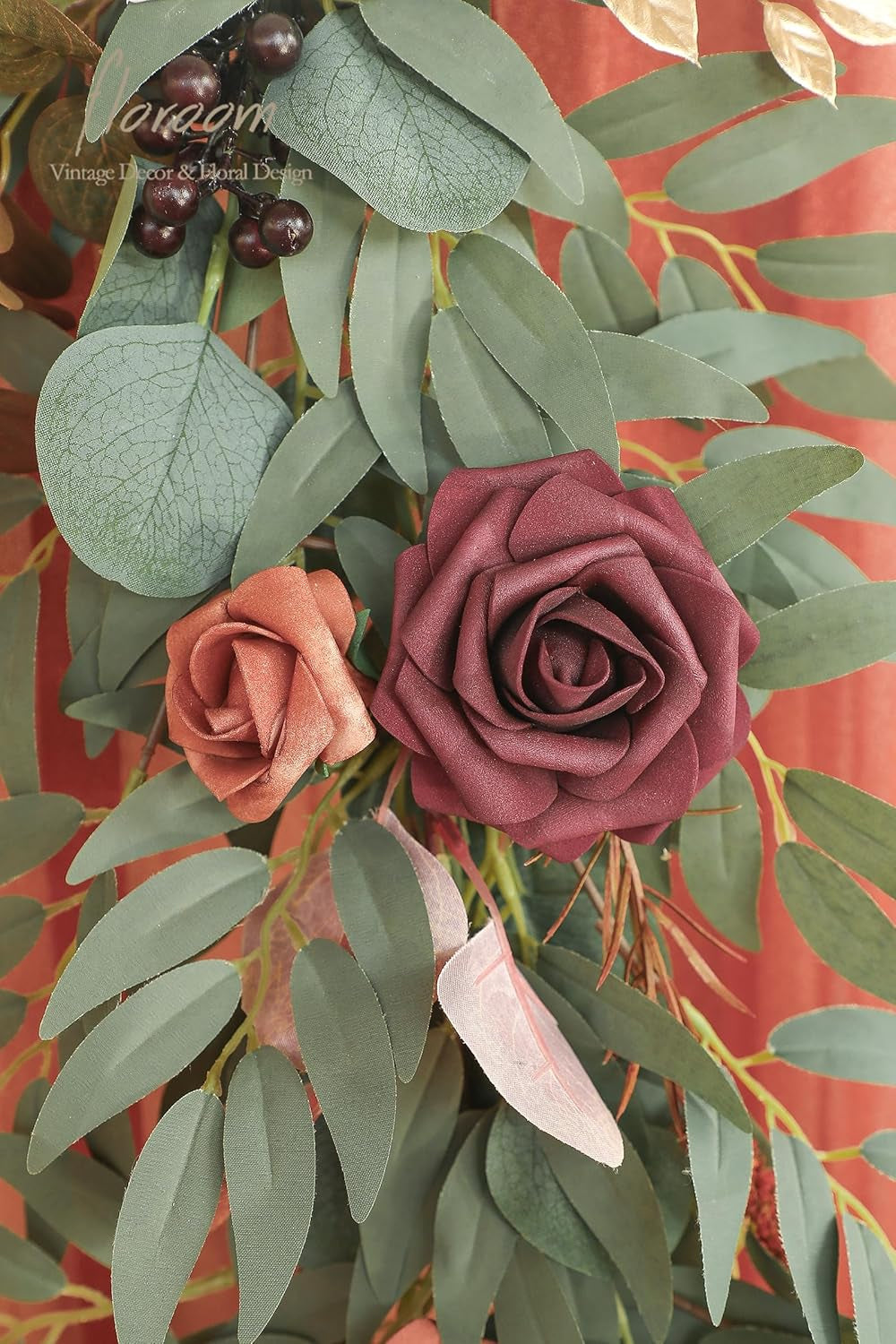 6-Foot Artificial Eucalyptus Garland with Burnt Orange Floral Accents for Table Decor, Wedding Centerpieces, and Bridal Shower Party Decorations in Terracotta