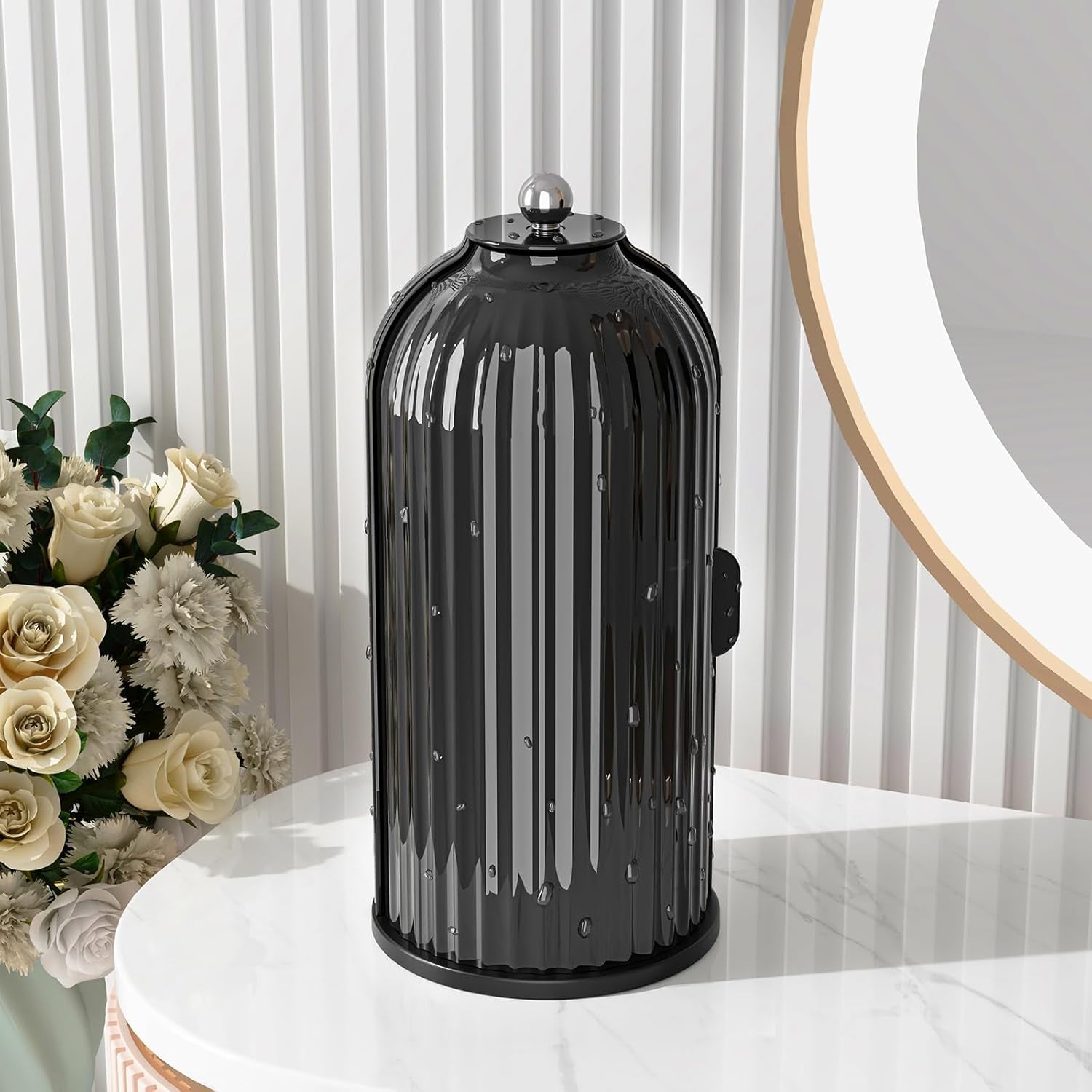 Makeup Brush Holder with Lid Cosmetic Tools Organizer 360 Rotating Waterproof Dustproof Beauty Brushes Storage for Vanity, Dark Black