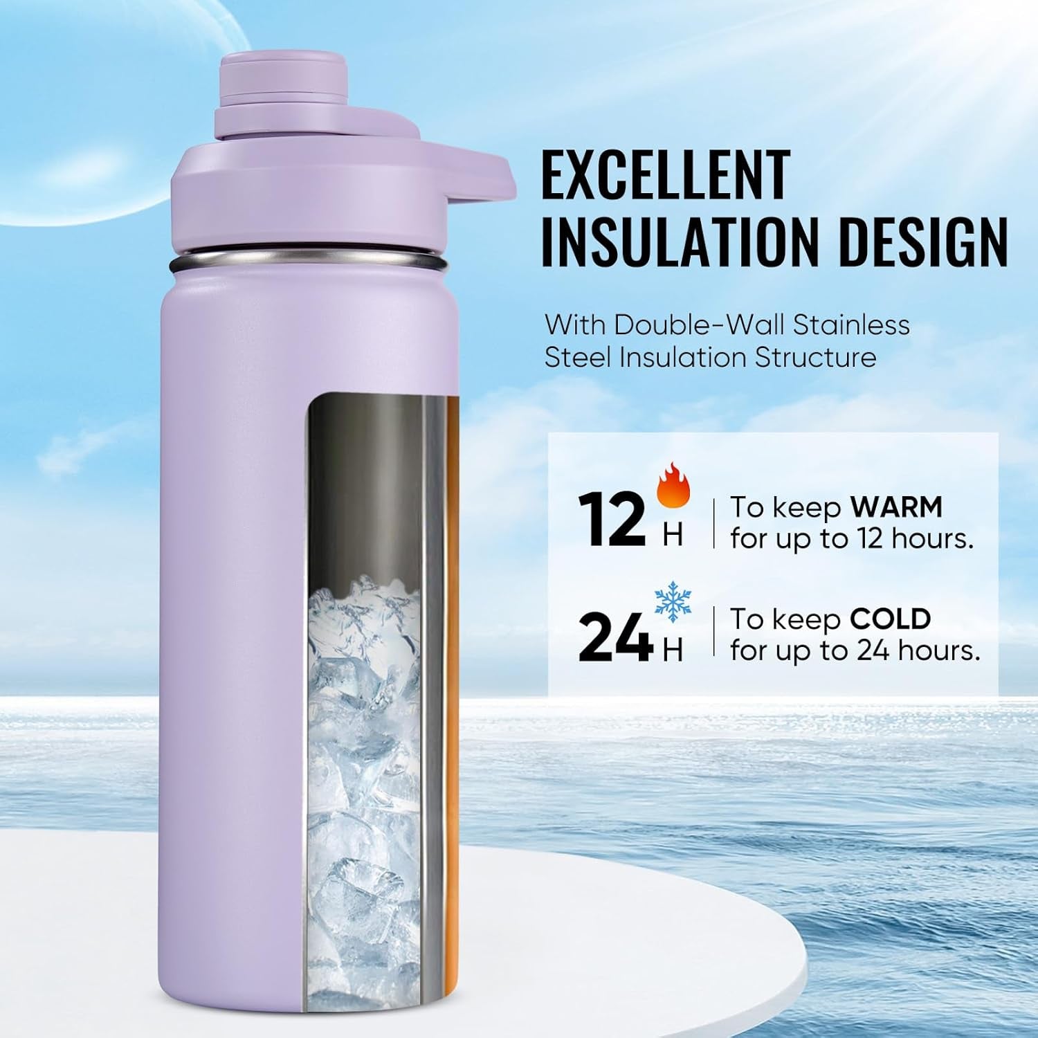 18 Oz Insulated Water Bottle with Handle, 304 Stainless Steel Water Bottles with Wide Mouth, Double Wall Vacuum Sports Water Bottle, BPA Free, Keep Cold and Hot, Purple