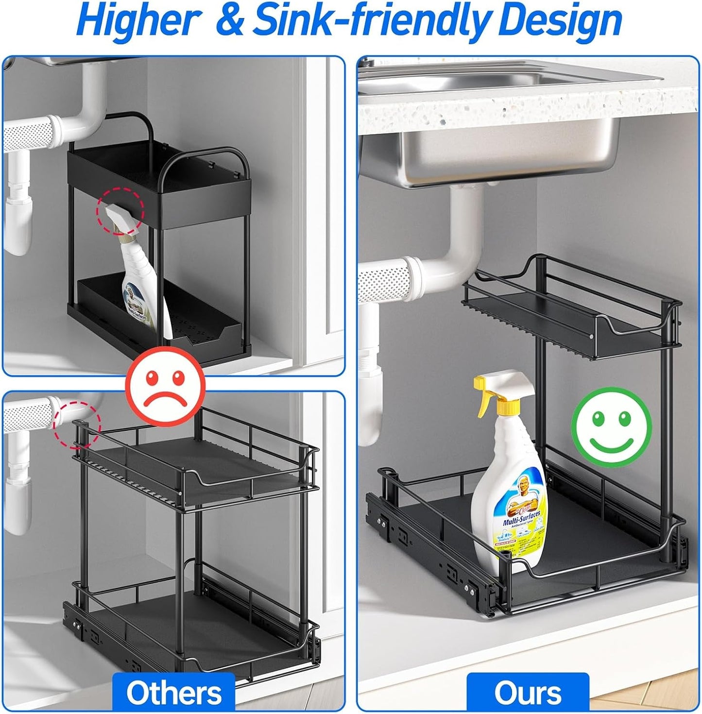 under Sink Organizer, Pull Out Cabinet Organizer with Upgraded Slides, Slide Out Sink Shelf Cabinet Storage Shelves, Storages for Kitchen Bathroom