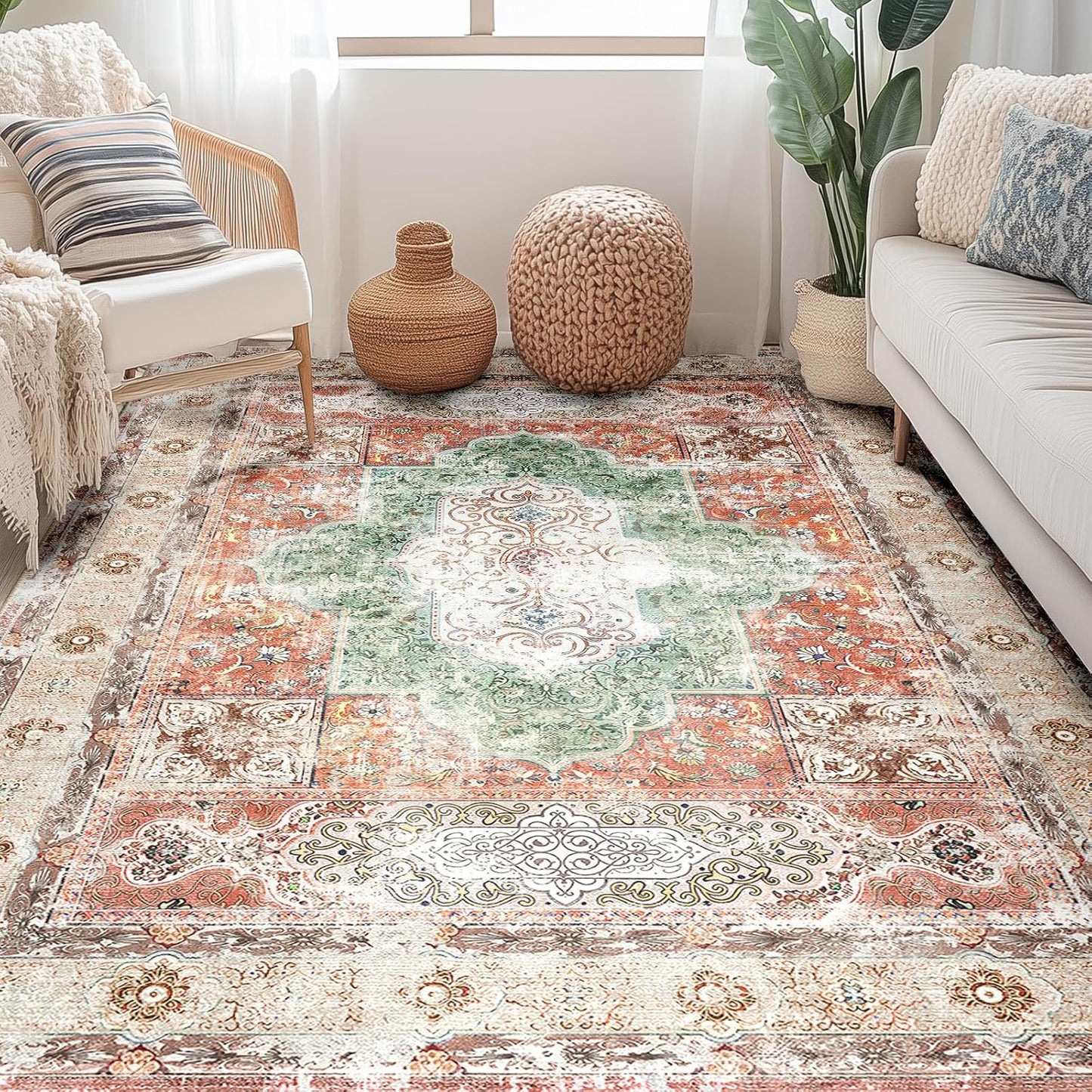 6X9 Area Rugs Machine Washable No Pile Non Slip Vintage Rugs for Living Room&Bedroom&Dinning Room Bohemian Distressed Carpet Indoor,Brick