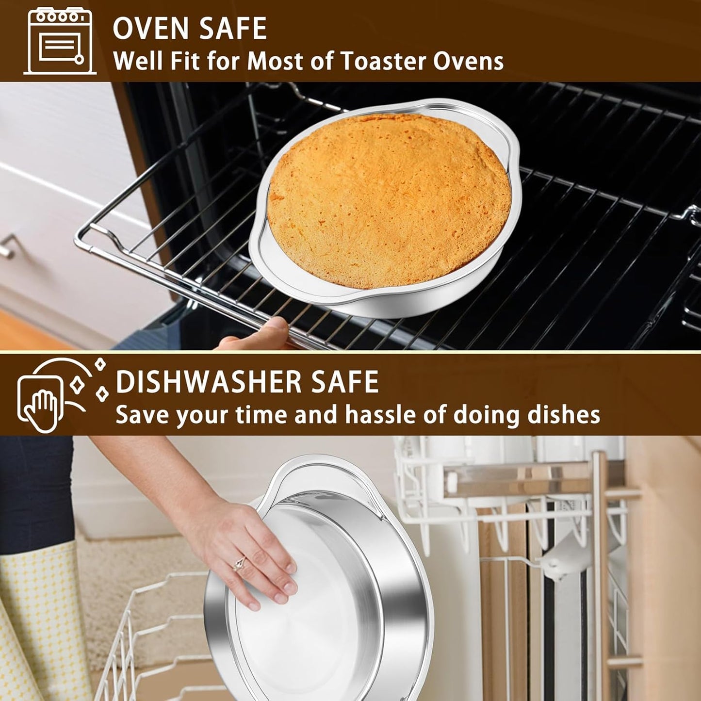 8 Inch Cake Pans Set for Baking, 3-Piece round Baking Pan with Handles, Stainless Steel Cake Tin for Birthday, One-Piece Design & Wider Handle, Dishwasher Safe & Heavy Duty, Silver