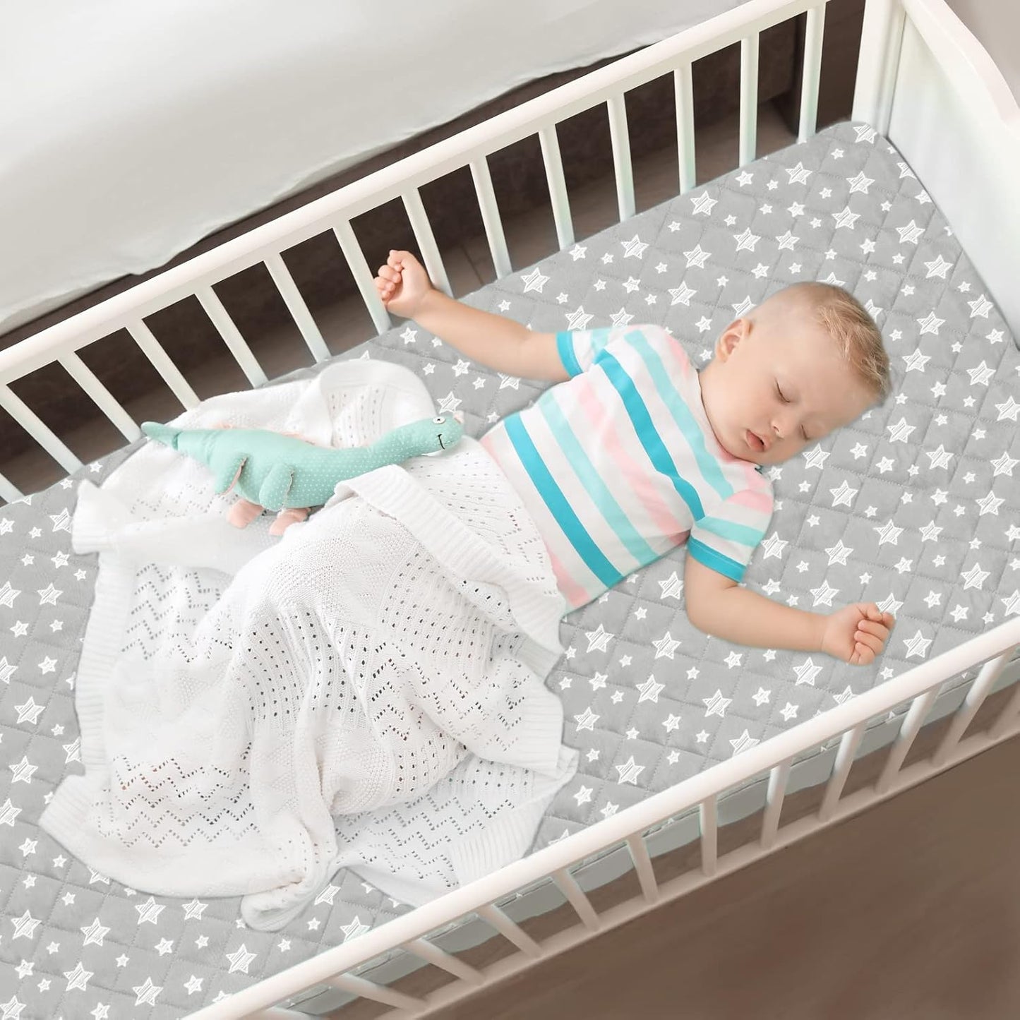 Crib Mattress Protector Waterproof 2 Pack, Quilted Crib Mattress Pad Cover 52" X 28" Extra Soft Breathable Toddler Bed Cover Stretch up to 8", Grey & White Star